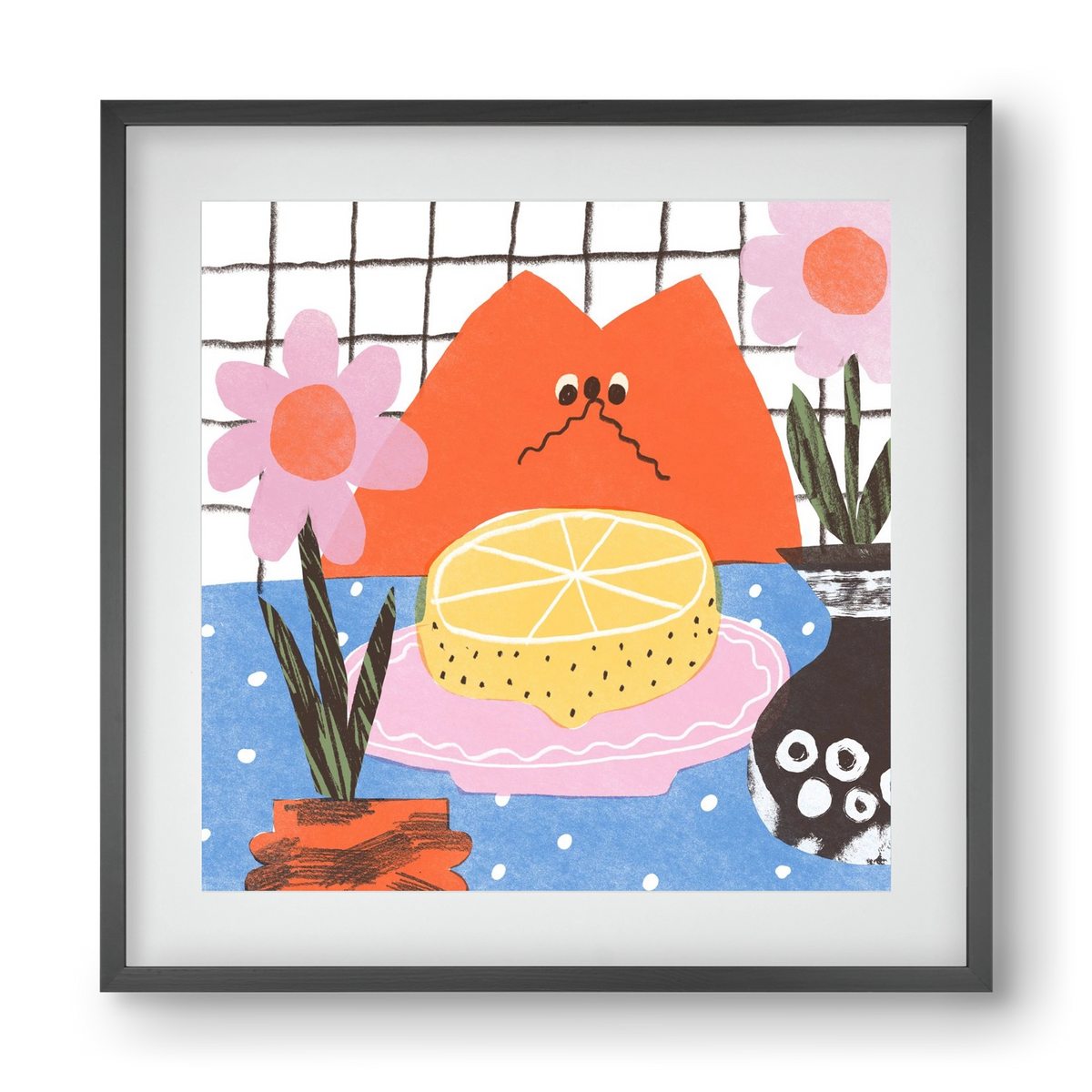 A cat eating lemon, 40x40 cm (30x30 cm), Fekete keret, paszpartuval