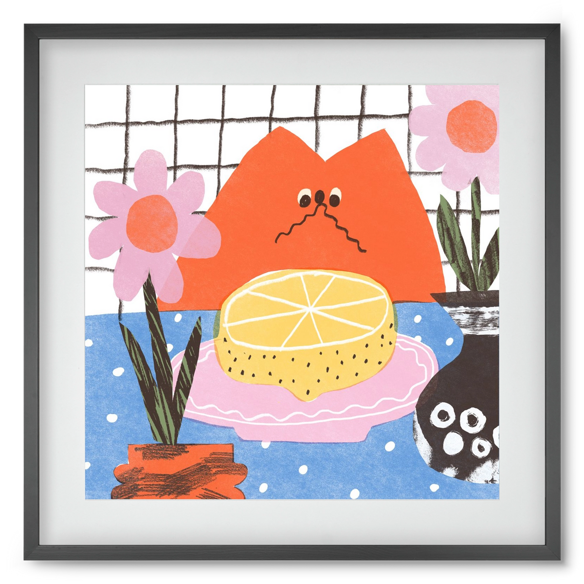A cat eating lemon, 50x50 cm (40x40 cm), Fekete keret, paszpartuval