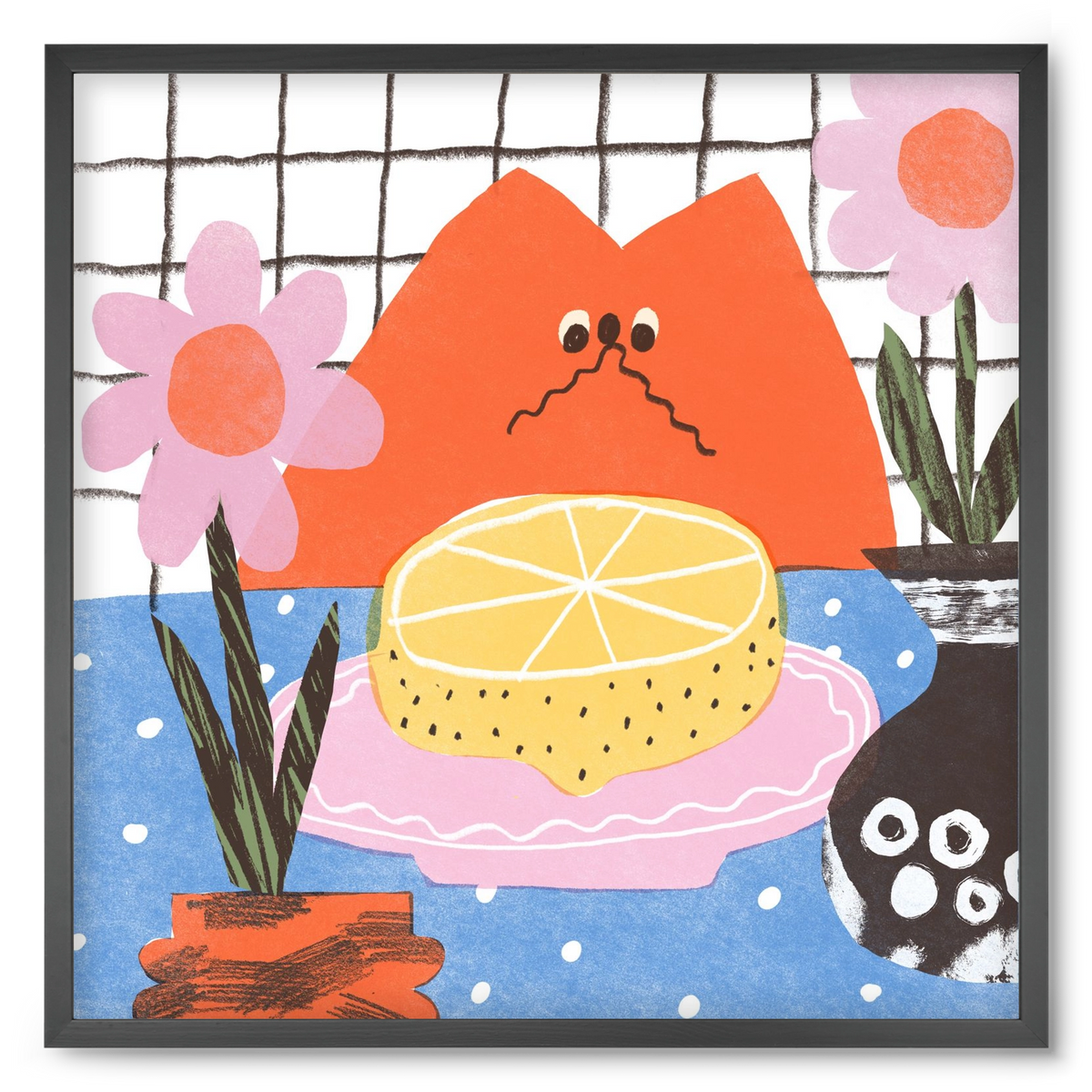 A cat eating lemon, 50x50 cm (50x50 cm), Fekete keret