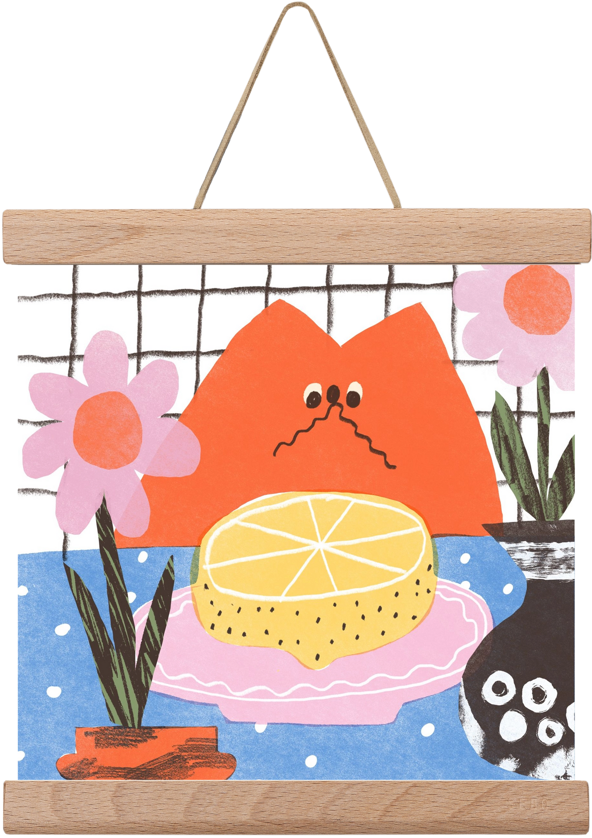 A cat eating lemon, 20x20 cm (20x20 cm), Tölgy akasztó