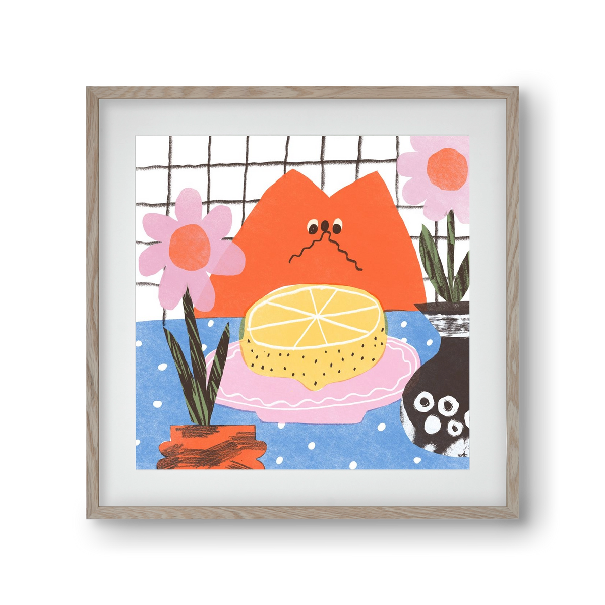A cat eating lemon, 30x30 cm (20x20 cm), Tölgy keret, paszpartuval