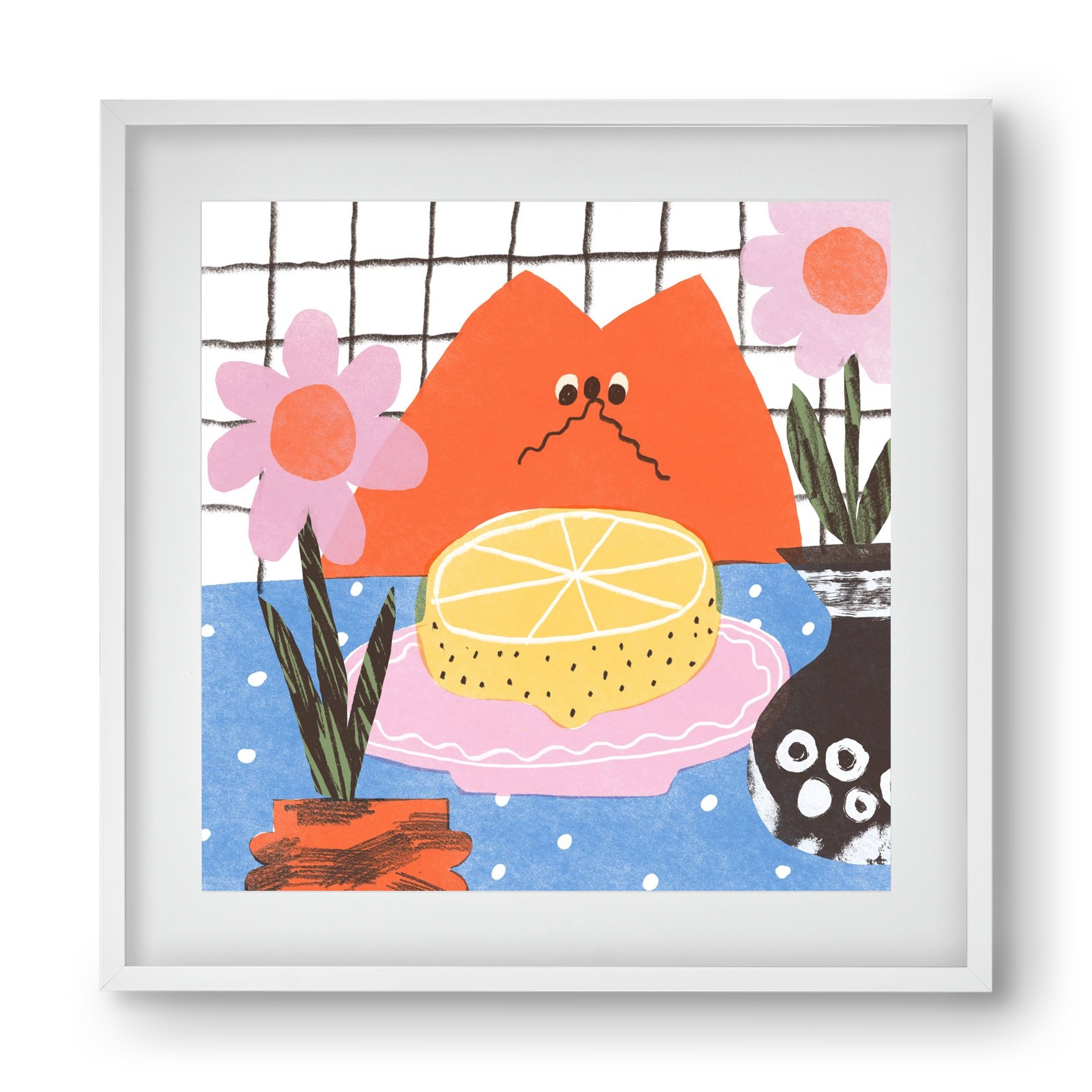 A cat eating lemon, 40x40 cm (30x30 cm), Fehér keret, paszpartuval