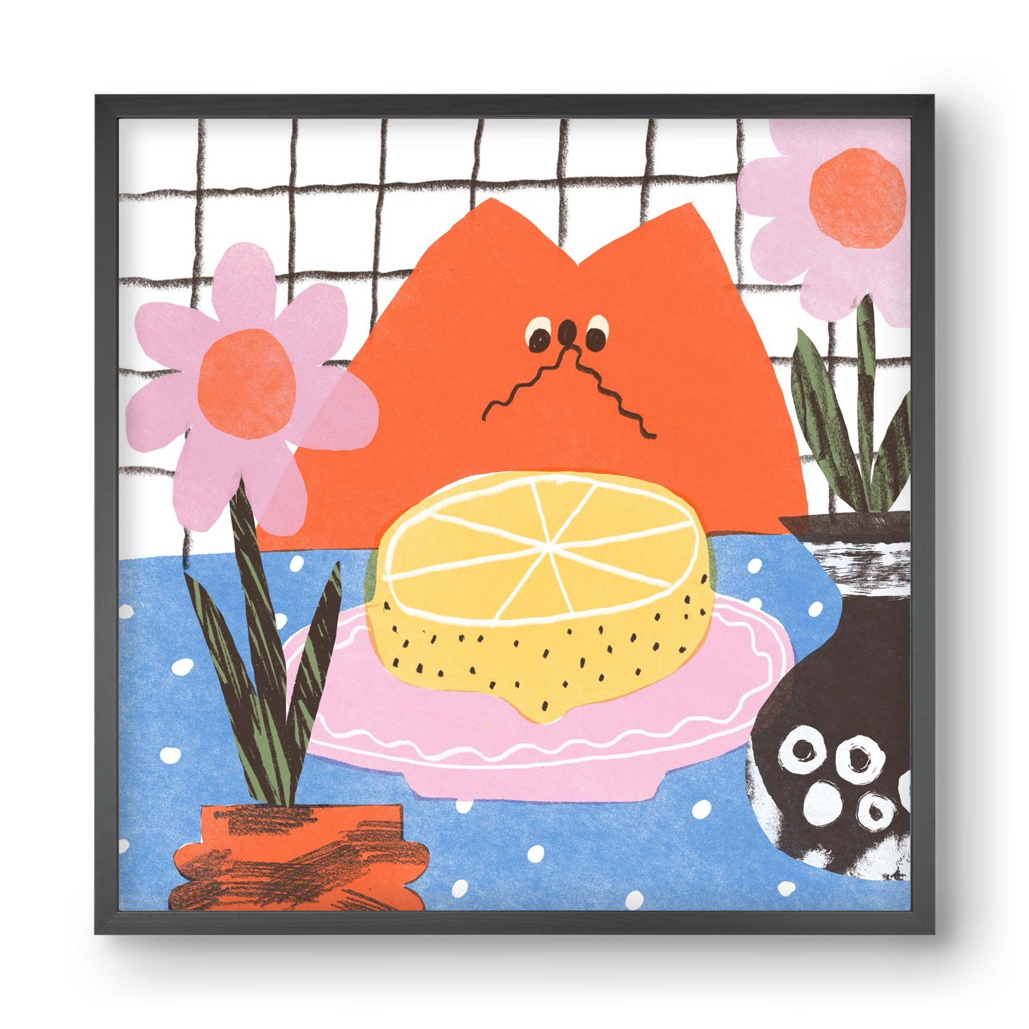 A cat eating lemon, 40x40 cm (40x40 cm), Fekete keret