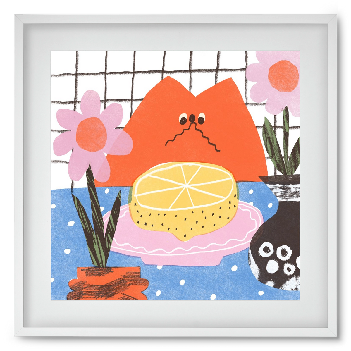 A cat eating lemon, 50x50 cm (40x40 cm), Fehér keret, paszpartuval