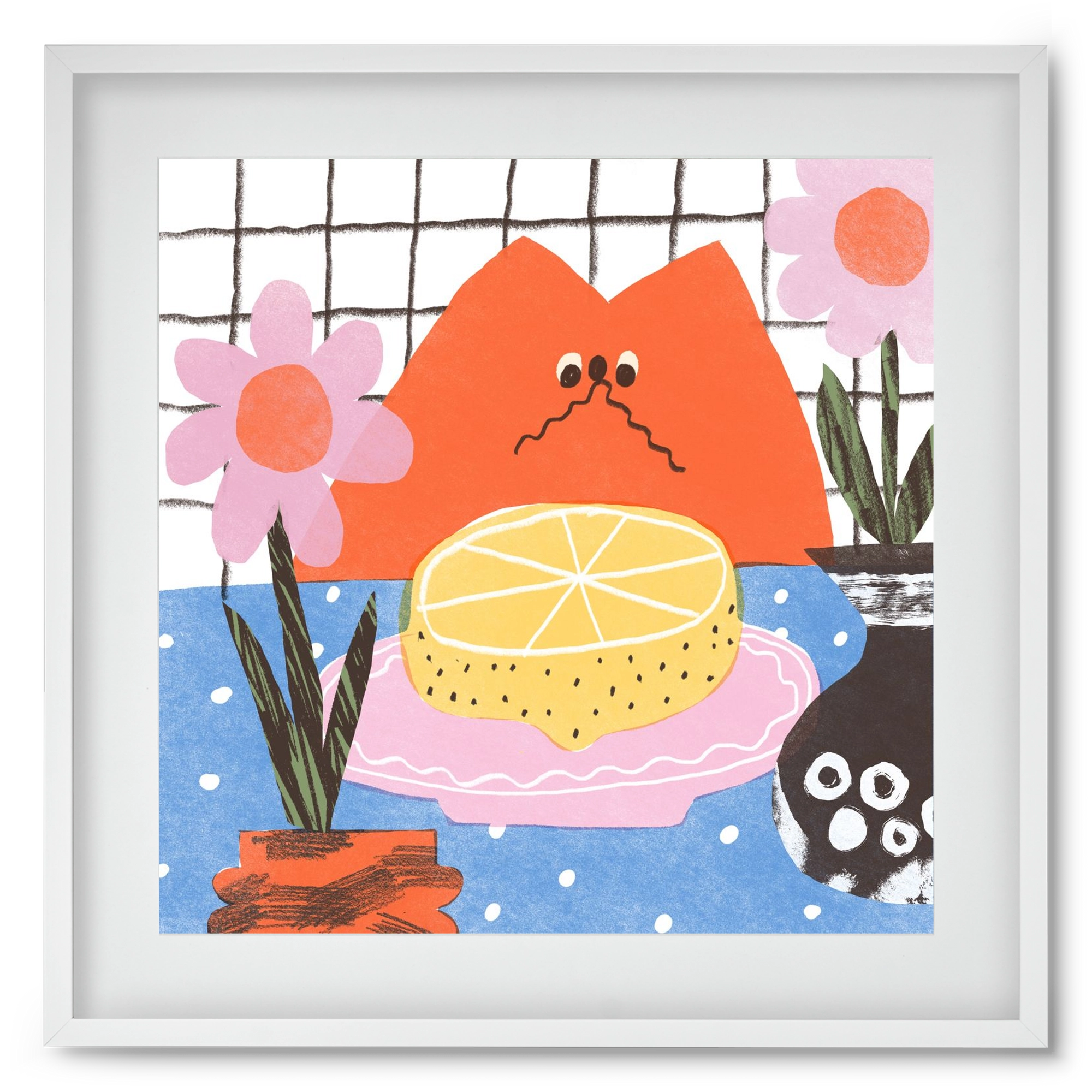 A cat eating lemon, 50x50 cm (40x40 cm), Fehér keret, paszpartuval