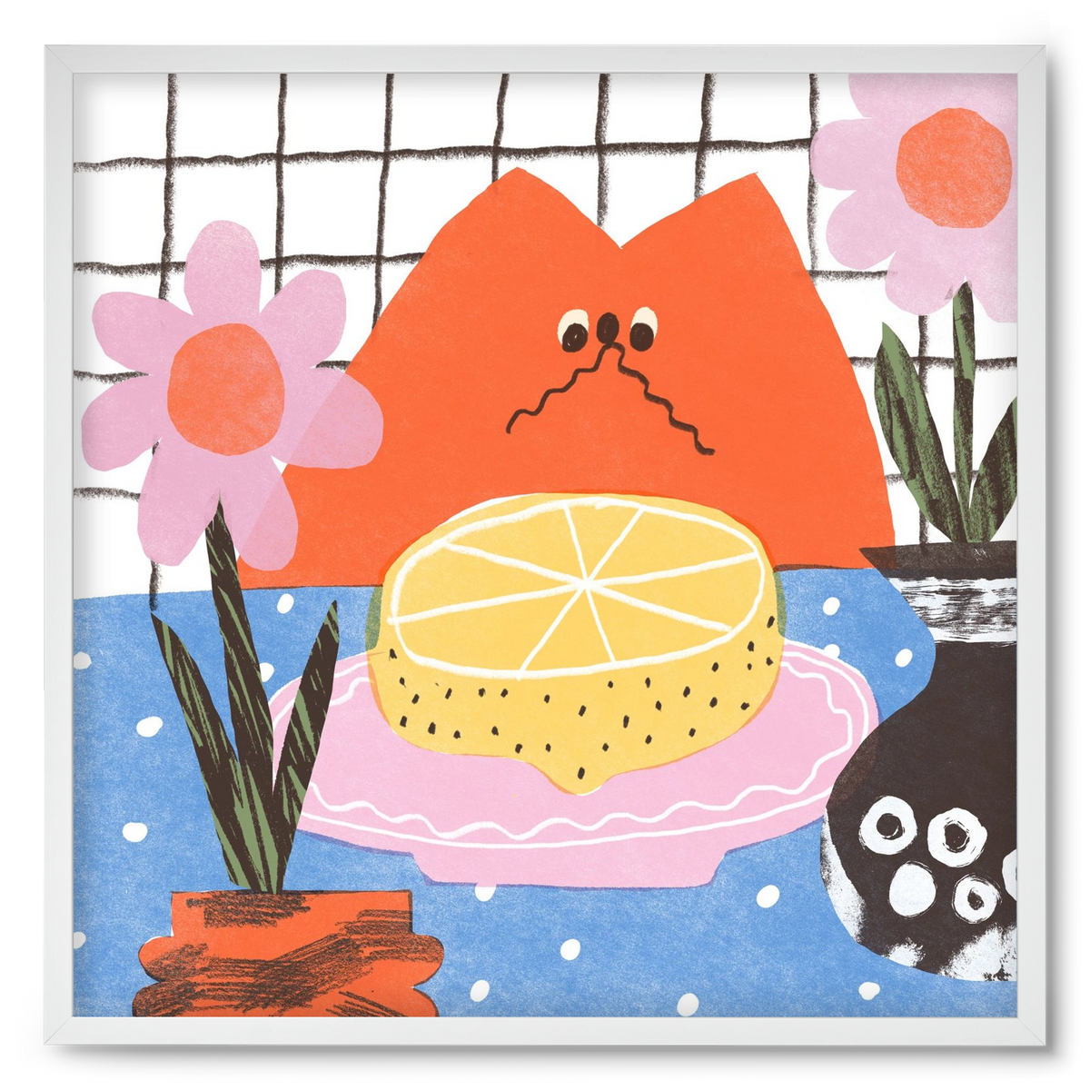 A cat eating lemon, 50x50 cm (50x50 cm), Fehér keret