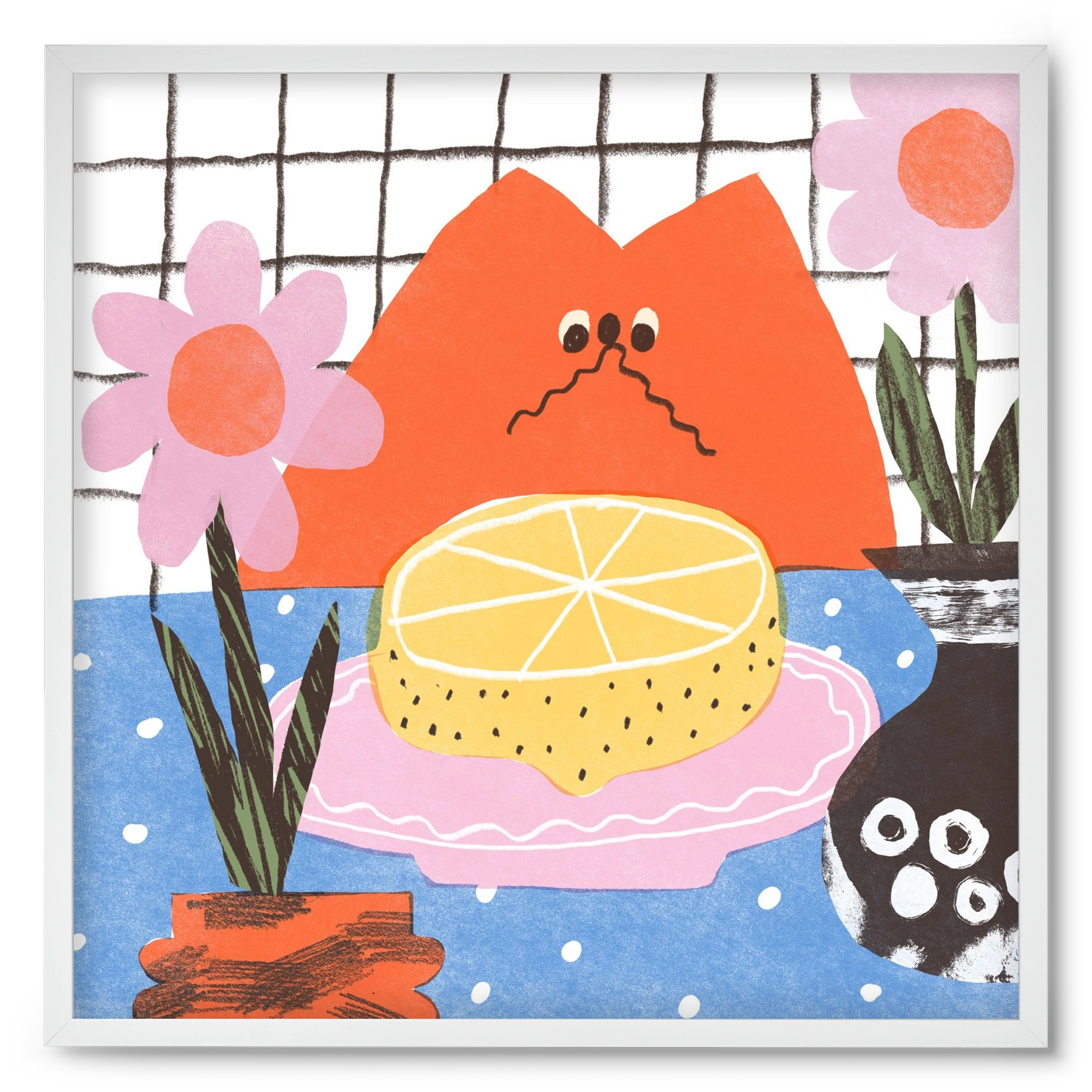 A cat eating lemon, 50x50 cm (50x50 cm), Fehér keret