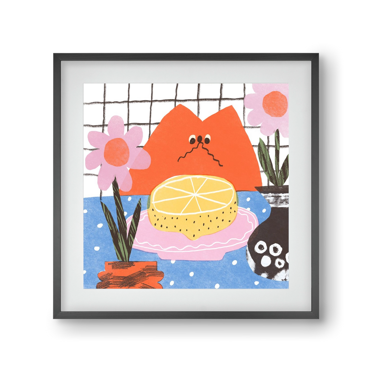 A cat eating lemon, 30x30 cm (20x20 cm), Fekete keret, paszpartuval