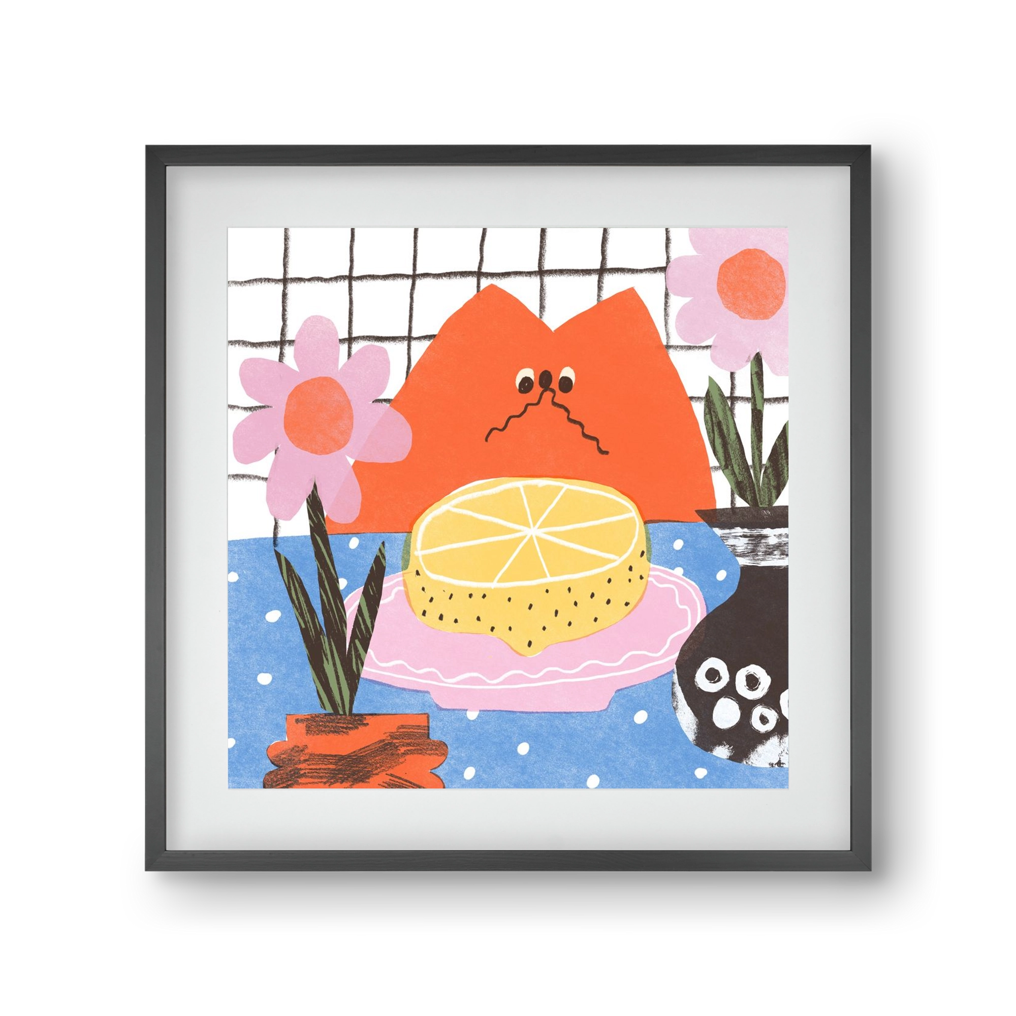 A cat eating lemon, 30x30 cm (20x20 cm), Fekete keret, paszpartuval
