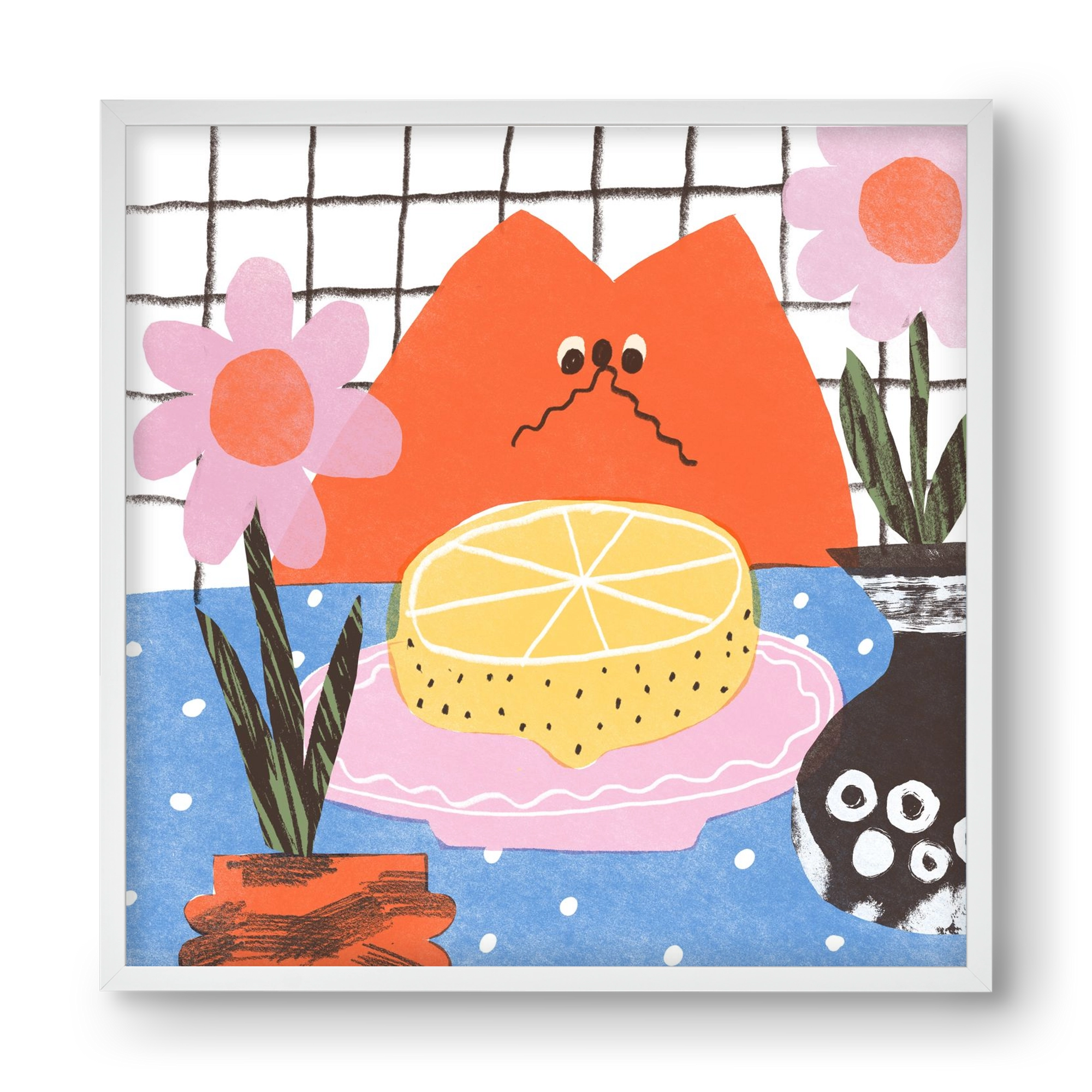 A cat eating lemon, 40x40 cm (40x40 cm), Fehér keret