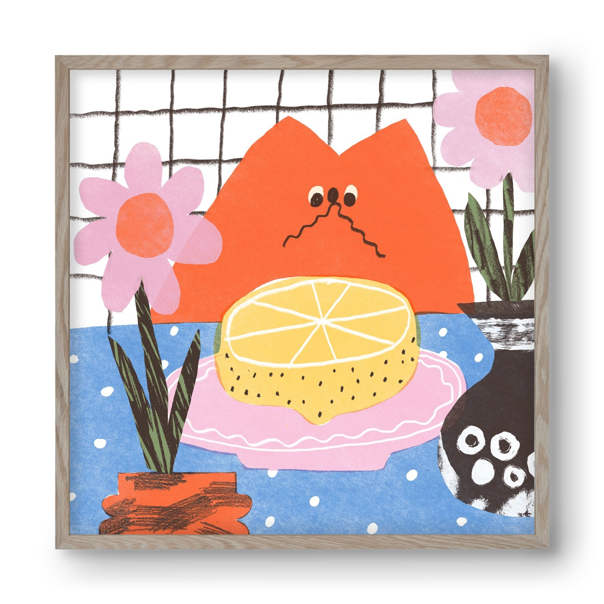 A cat eating lemon, 40x40 cm (40x40 cm), Tölgy keret