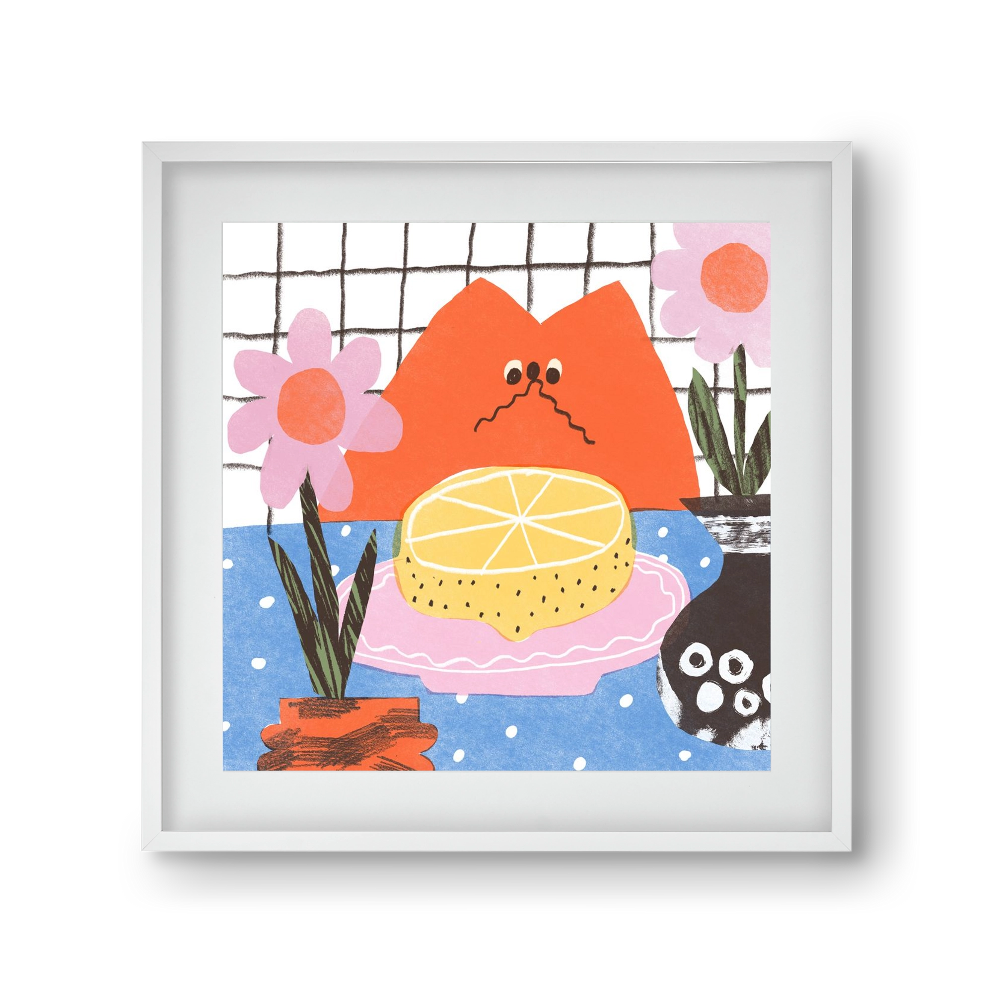 A cat eating lemon, 30x30 cm (20x20 cm), Fehér keret, paszpartuval