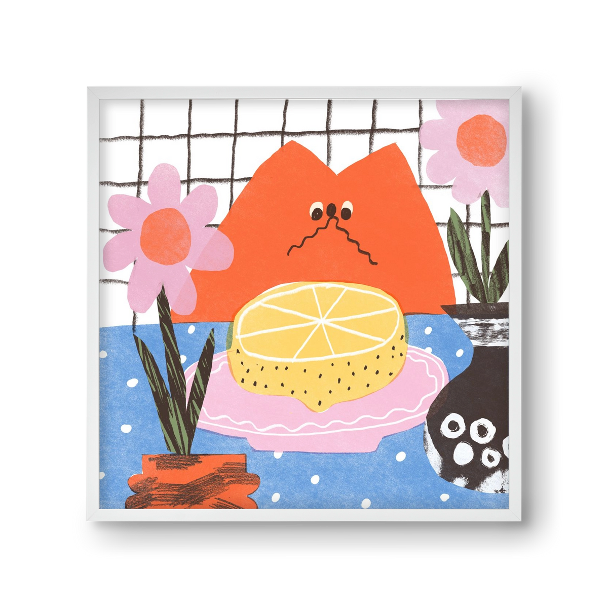 A cat eating lemon, 30x30 cm (30x30 cm), Fehér keret
