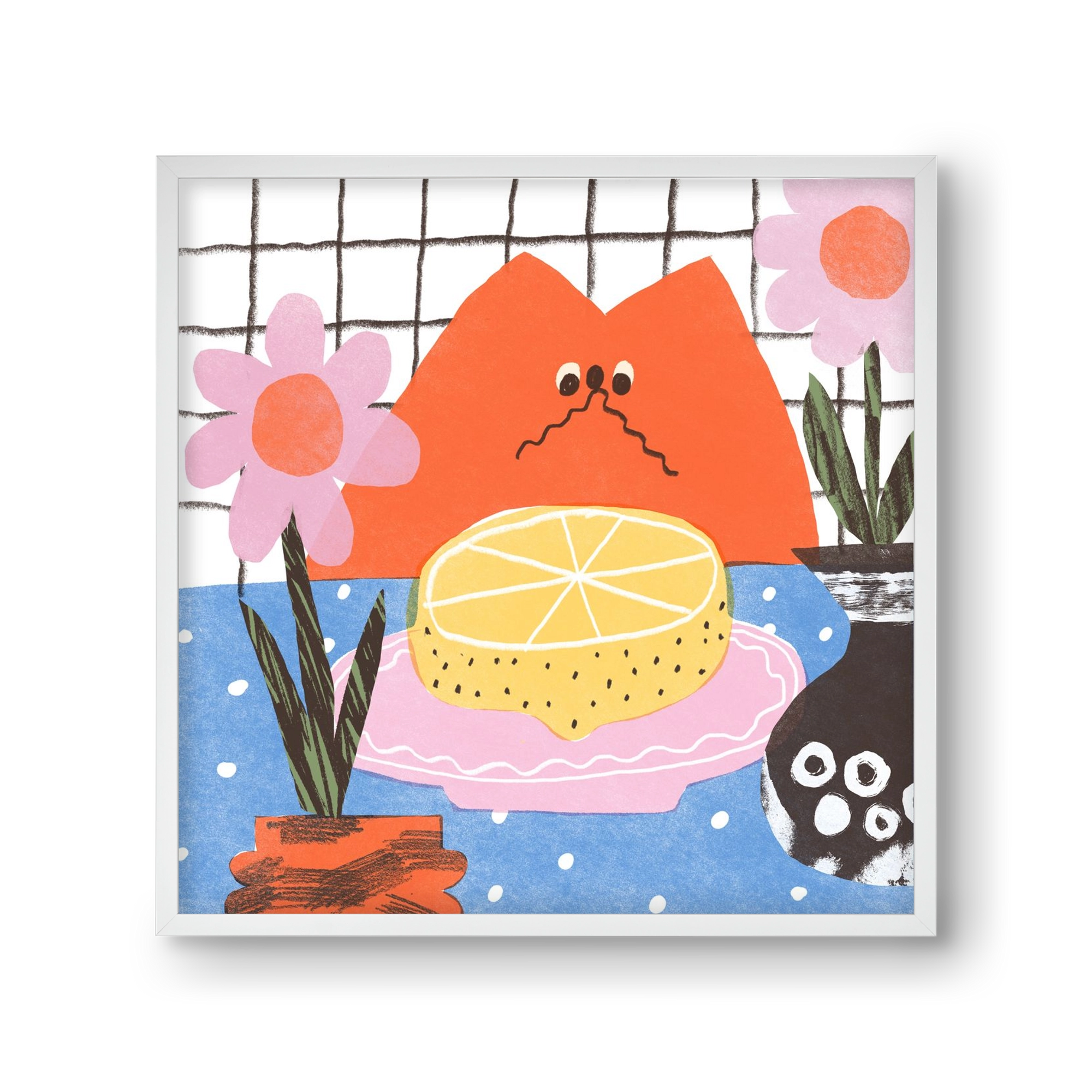 A cat eating lemon, 30x30 cm (30x30 cm), Fehér keret
