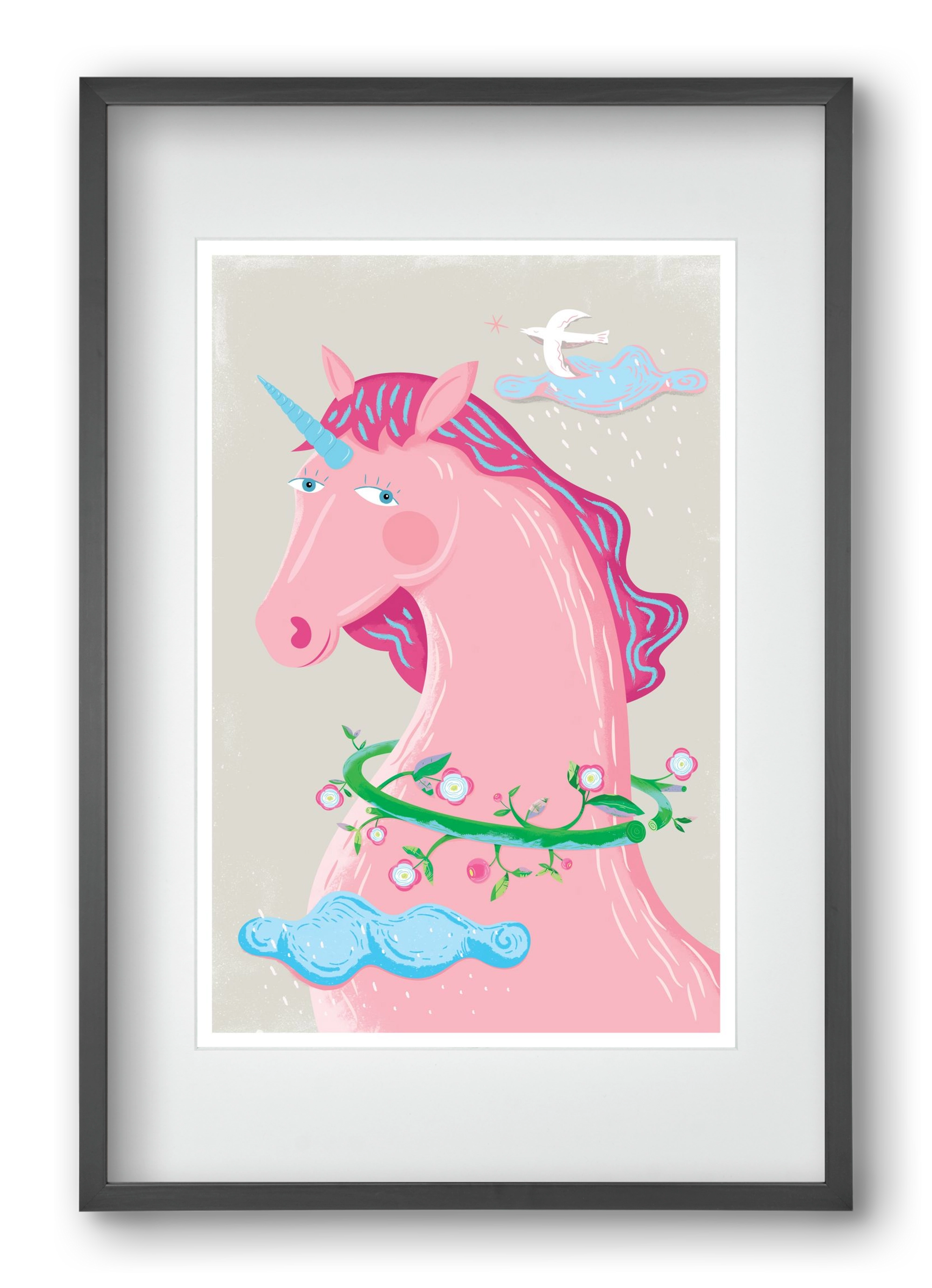 Pink Unikornis, 40x60 cm (30x45 cm), Fekete keret, paszpartuval