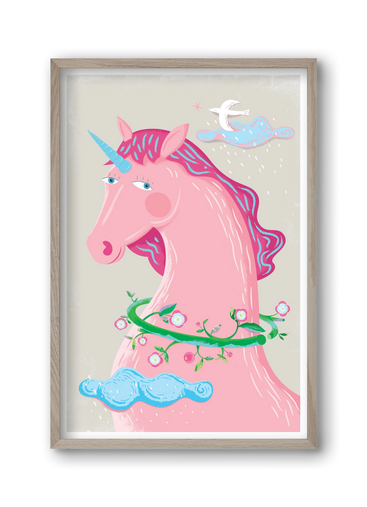Pink Unikornis, 30x45 cm (30x45 cm), Tölgy keret