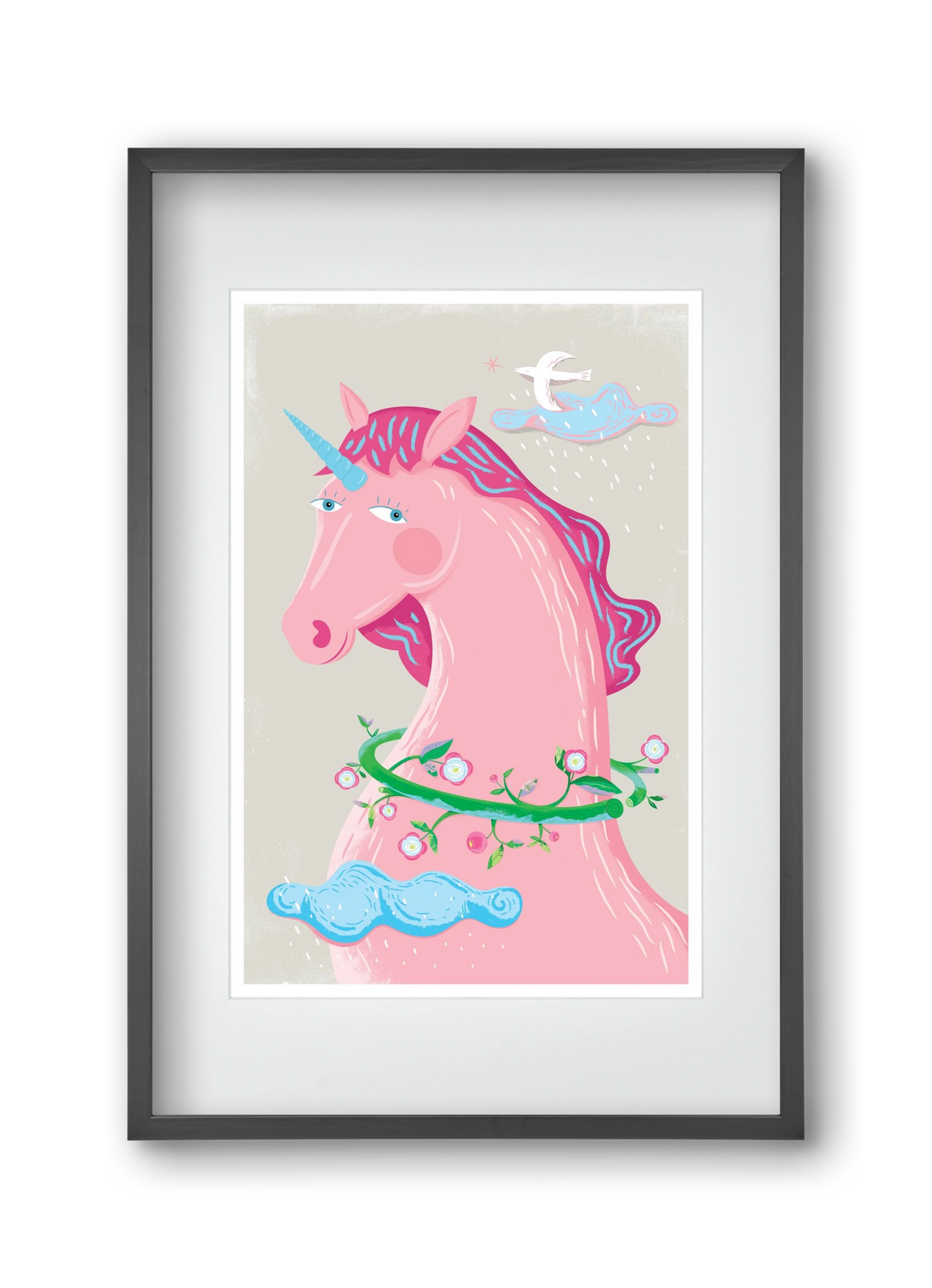 Pink Unikornis, 30x45 cm (20x30 cm), Fekete keret, paszpartuval