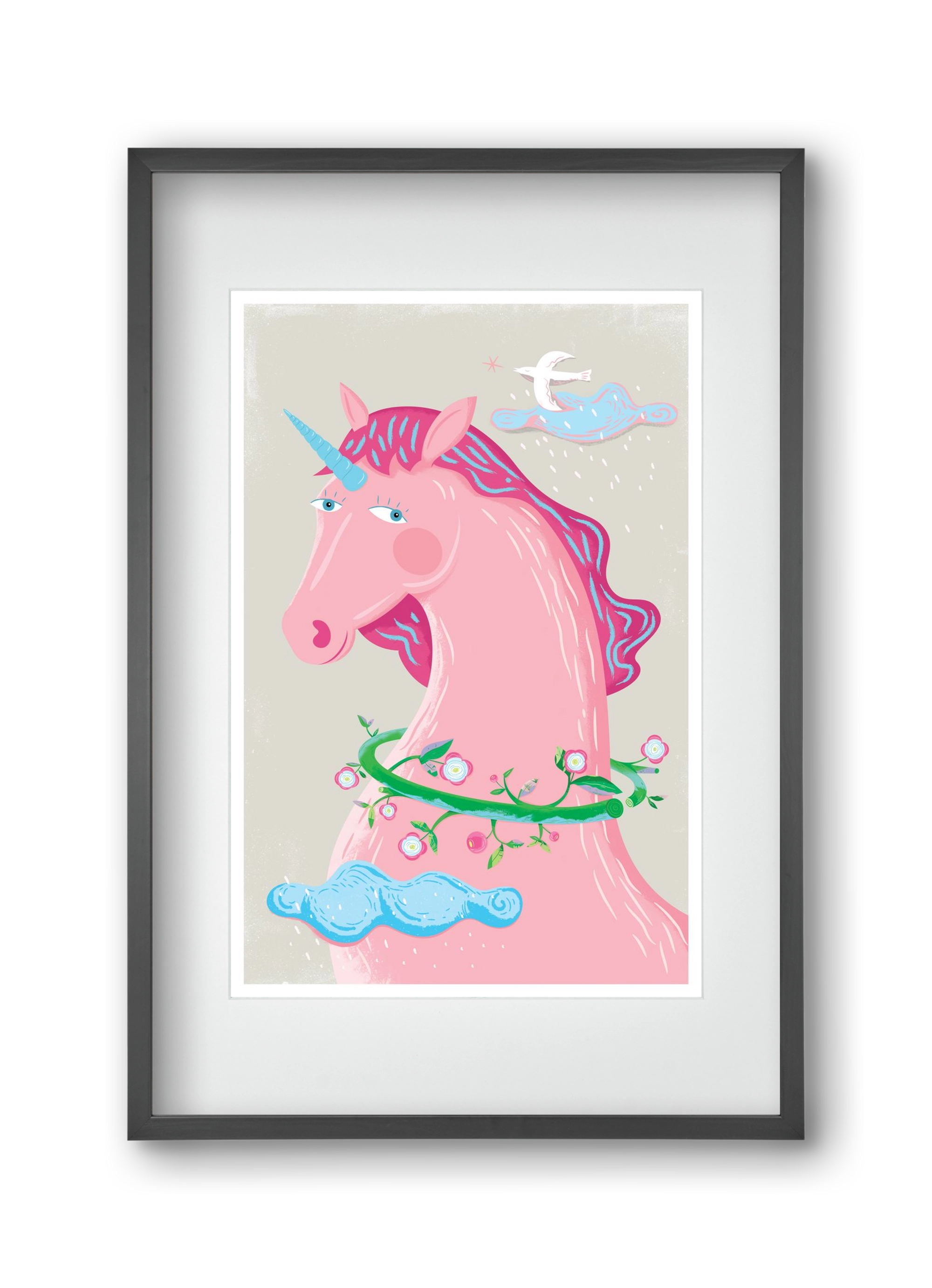 Pink Unikornis, 30x45 cm (20x30 cm), Fekete keret, paszpartuval