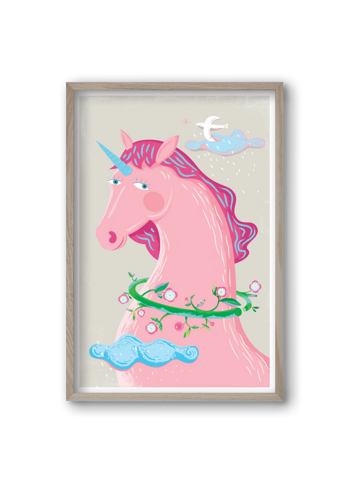 Pink Unikornis, 20x30 cm (20x30 cm), Tölgy keret