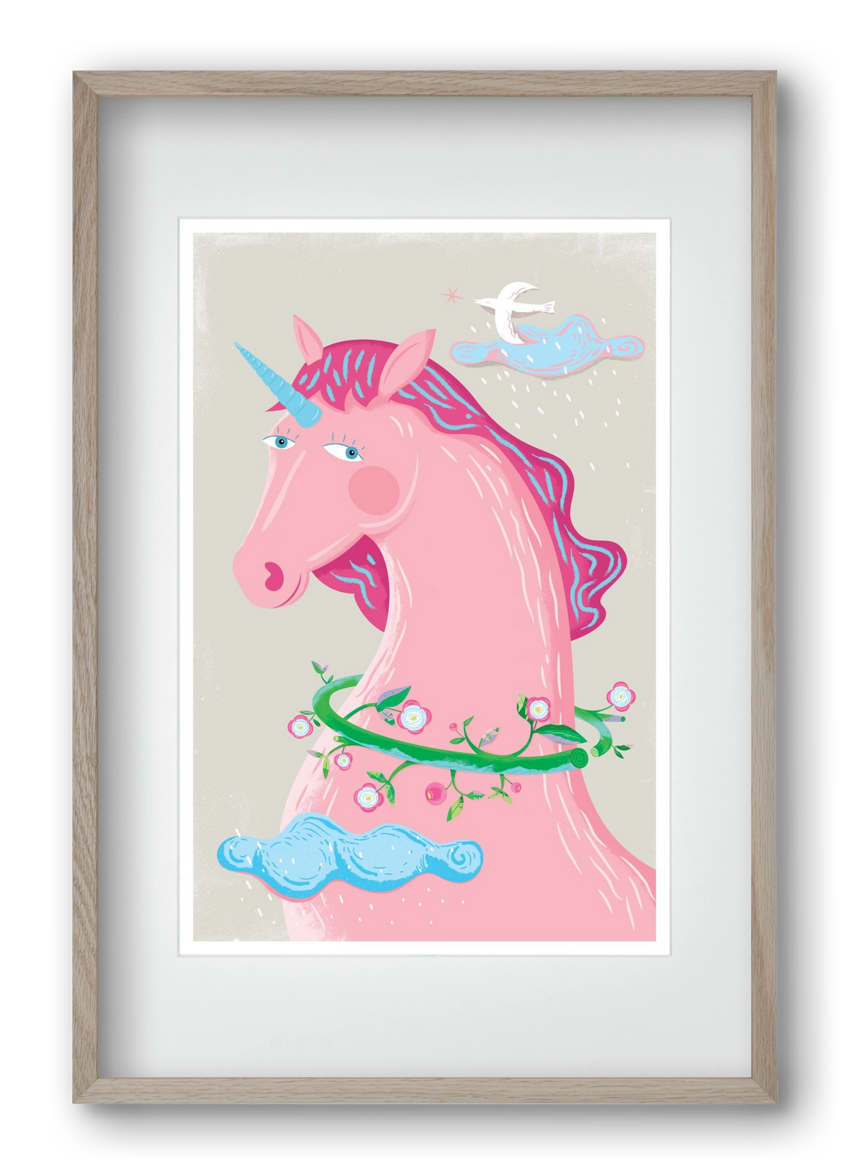 Pink Unikornis, 40x60 cm (30x45 cm), Tölgy keret, paszpartuval