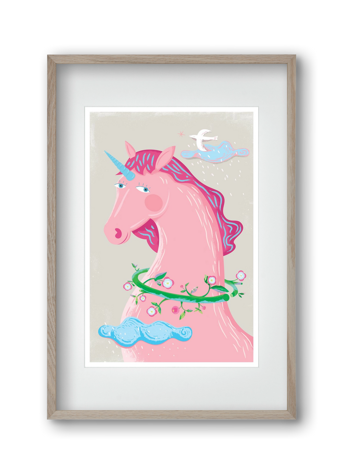 Pink Unikornis, 30x45 cm (20x30 cm), Tölgy keret, paszpartuval