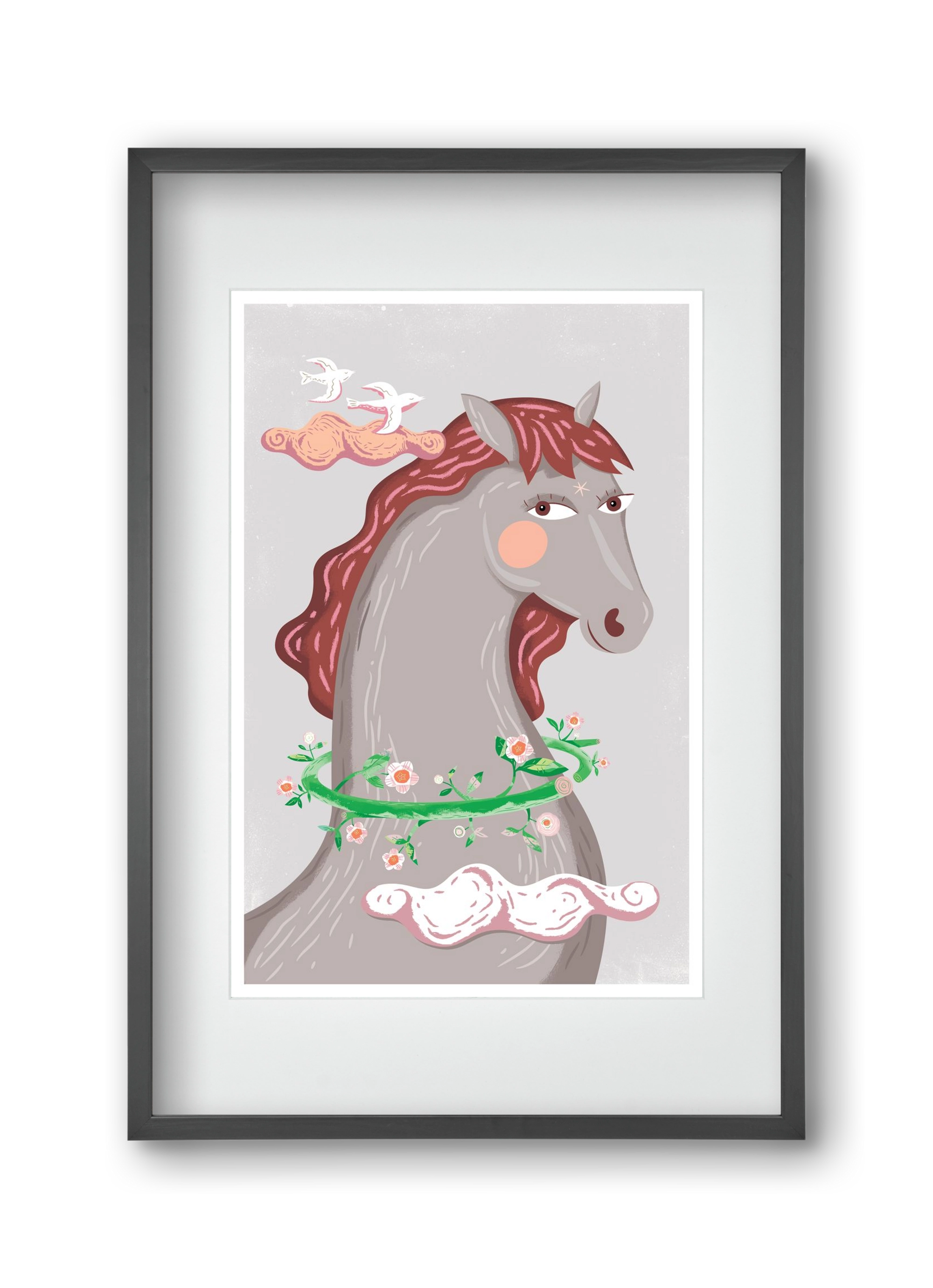 Szürke póniló , 30x45 cm (20x30 cm), Fekete keret, paszpartuval