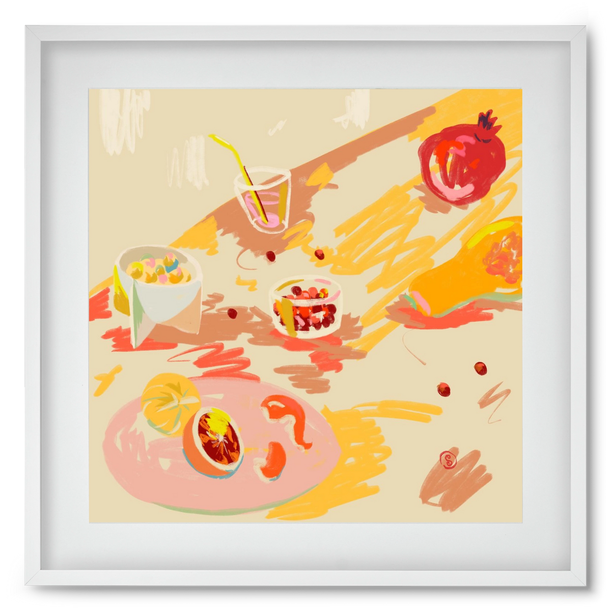 ORANGE AND PINK FRUIT, 50x50 cm (40x40 cm), Fehér keret, paszpartuval