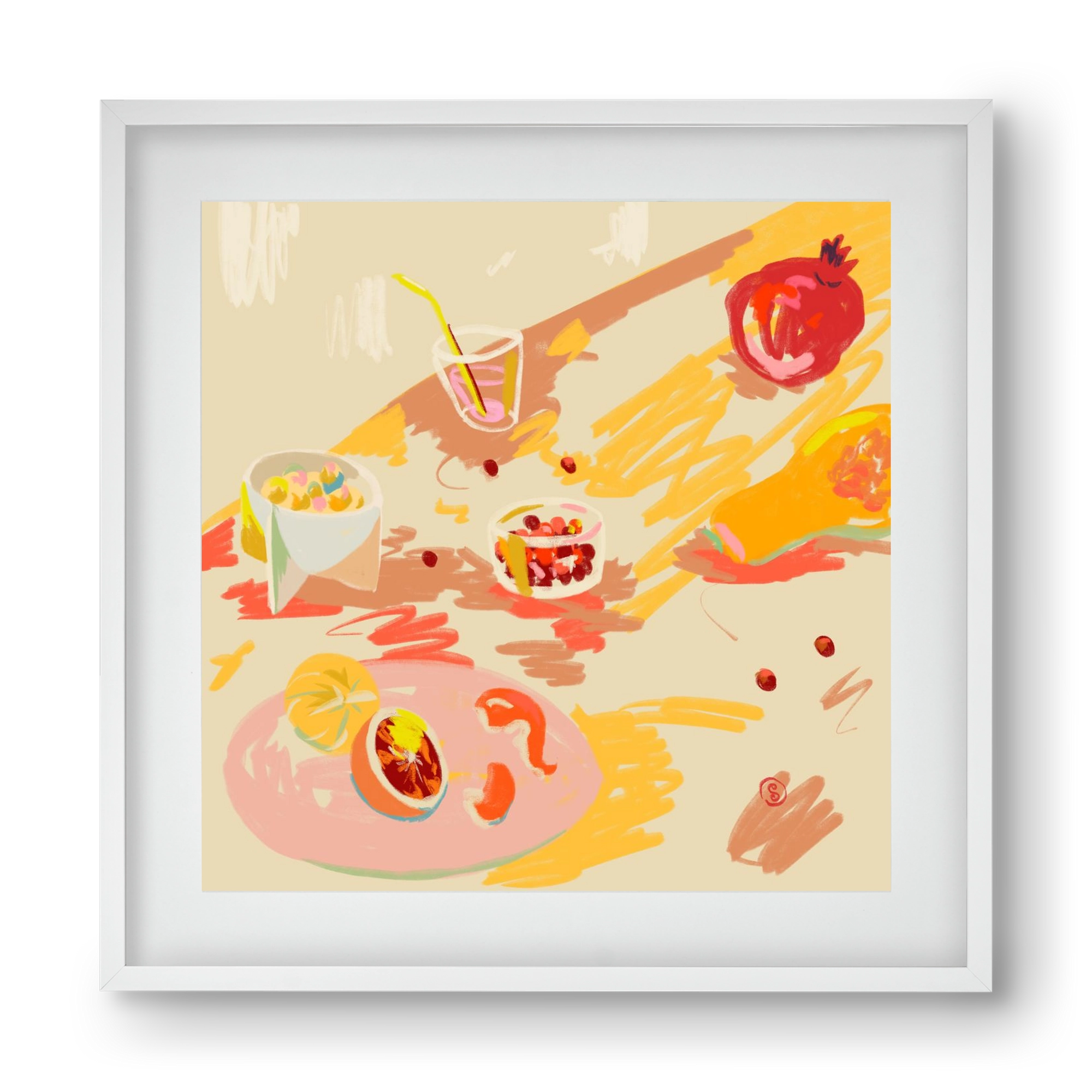 ORANGE AND PINK FRUIT, 40x40 cm (30x30 cm), Fehér keret, paszpartuval