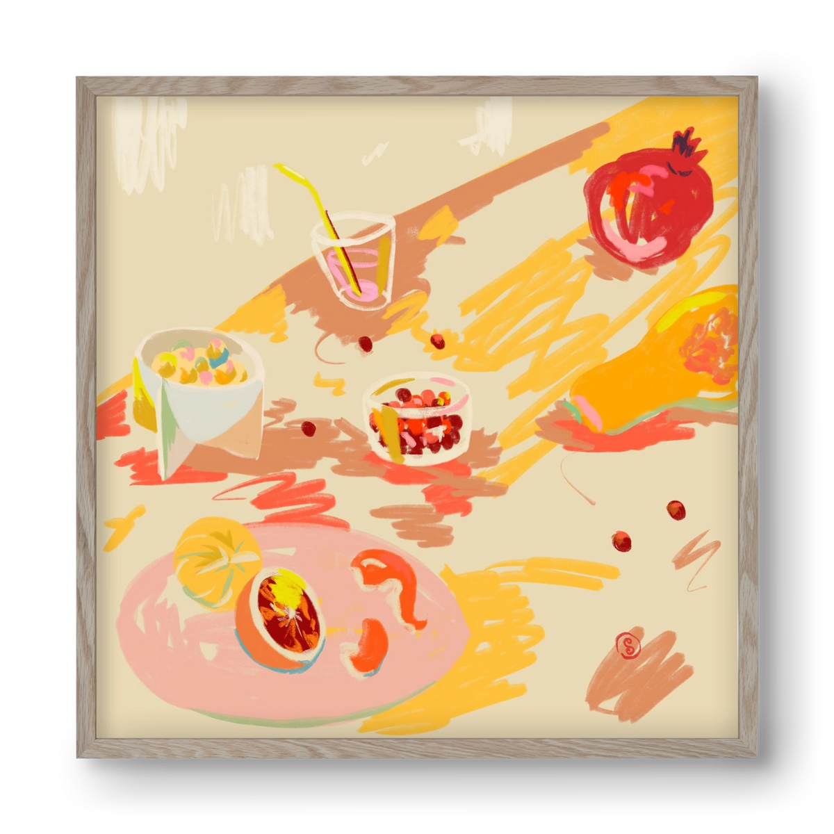 ORANGE AND PINK FRUIT, 40x40 cm (40x40 cm), Tölgy keret