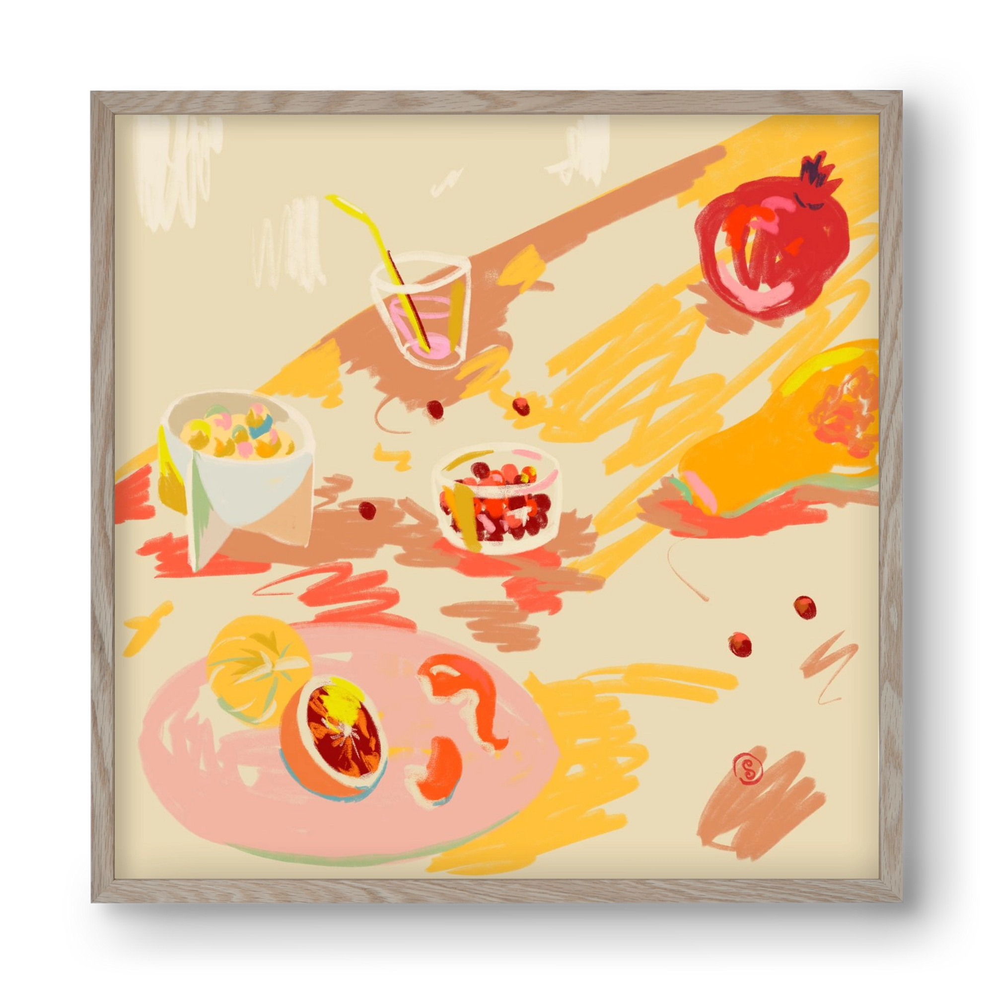 ORANGE AND PINK FRUIT, 40x40 cm (40x40 cm), Tölgy keret