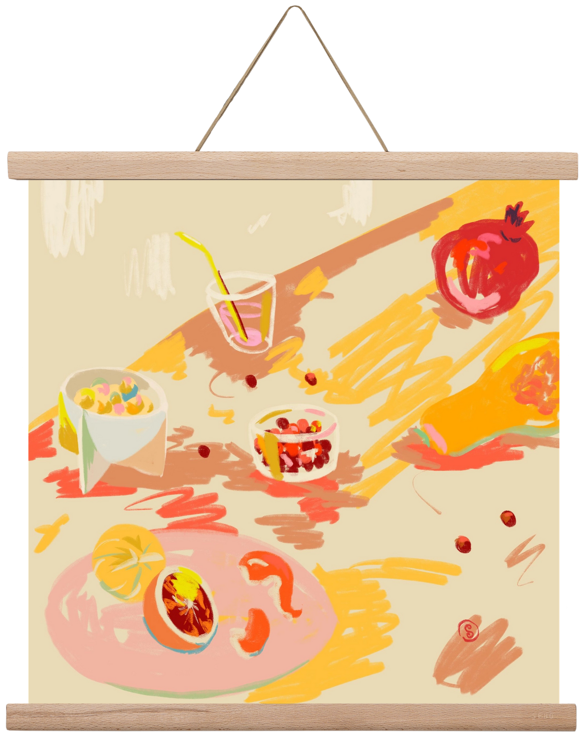 ORANGE AND PINK FRUIT, 40x40 cm (40x40 cm), Tölgy akasztó