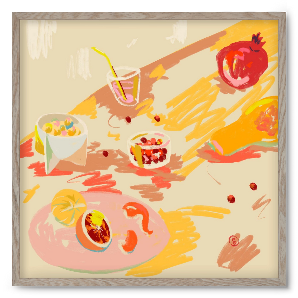 ORANGE AND PINK FRUIT, 50x50 cm (50x50 cm), Tölgy keret