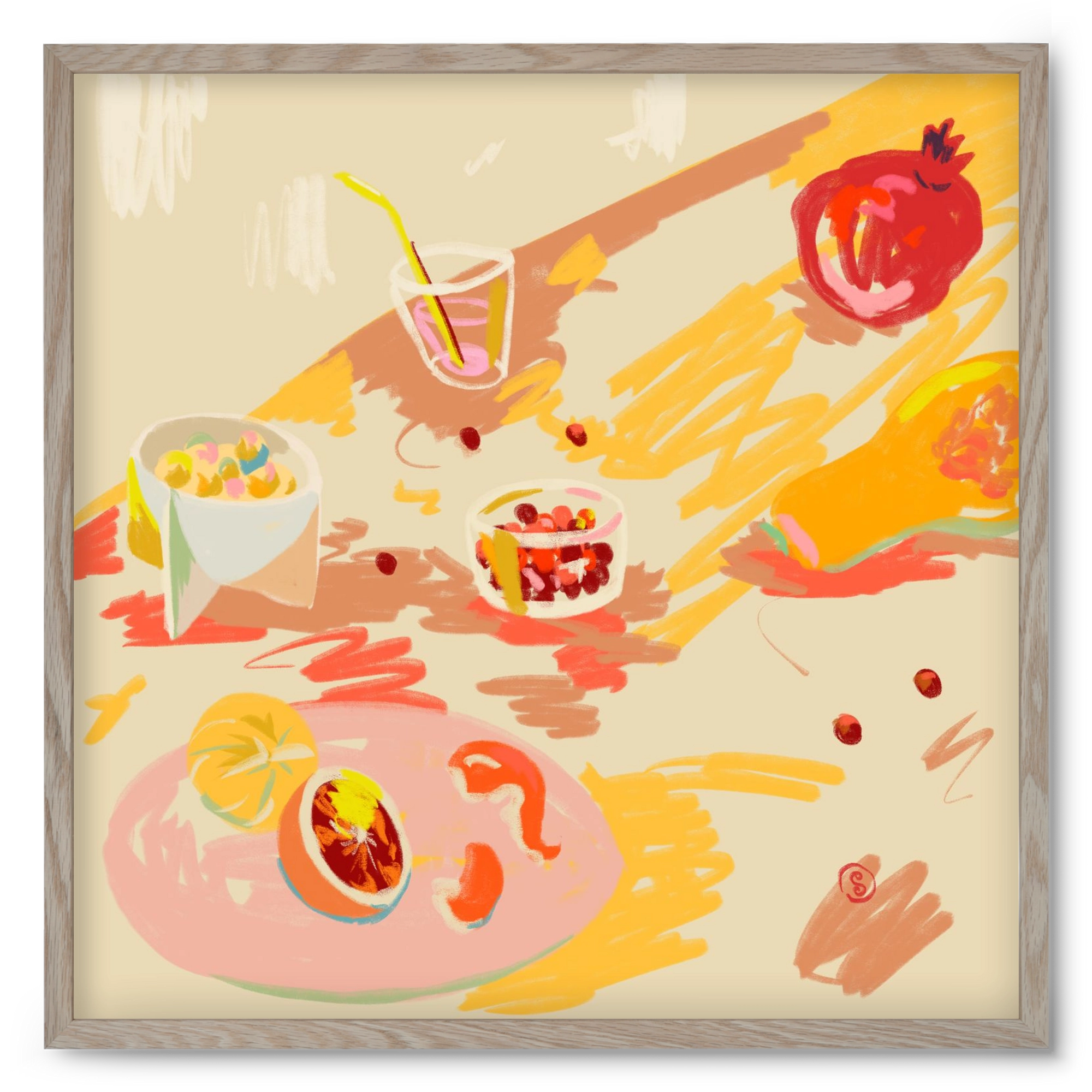 ORANGE AND PINK FRUIT, 50x50 cm (50x50 cm), Tölgy keret