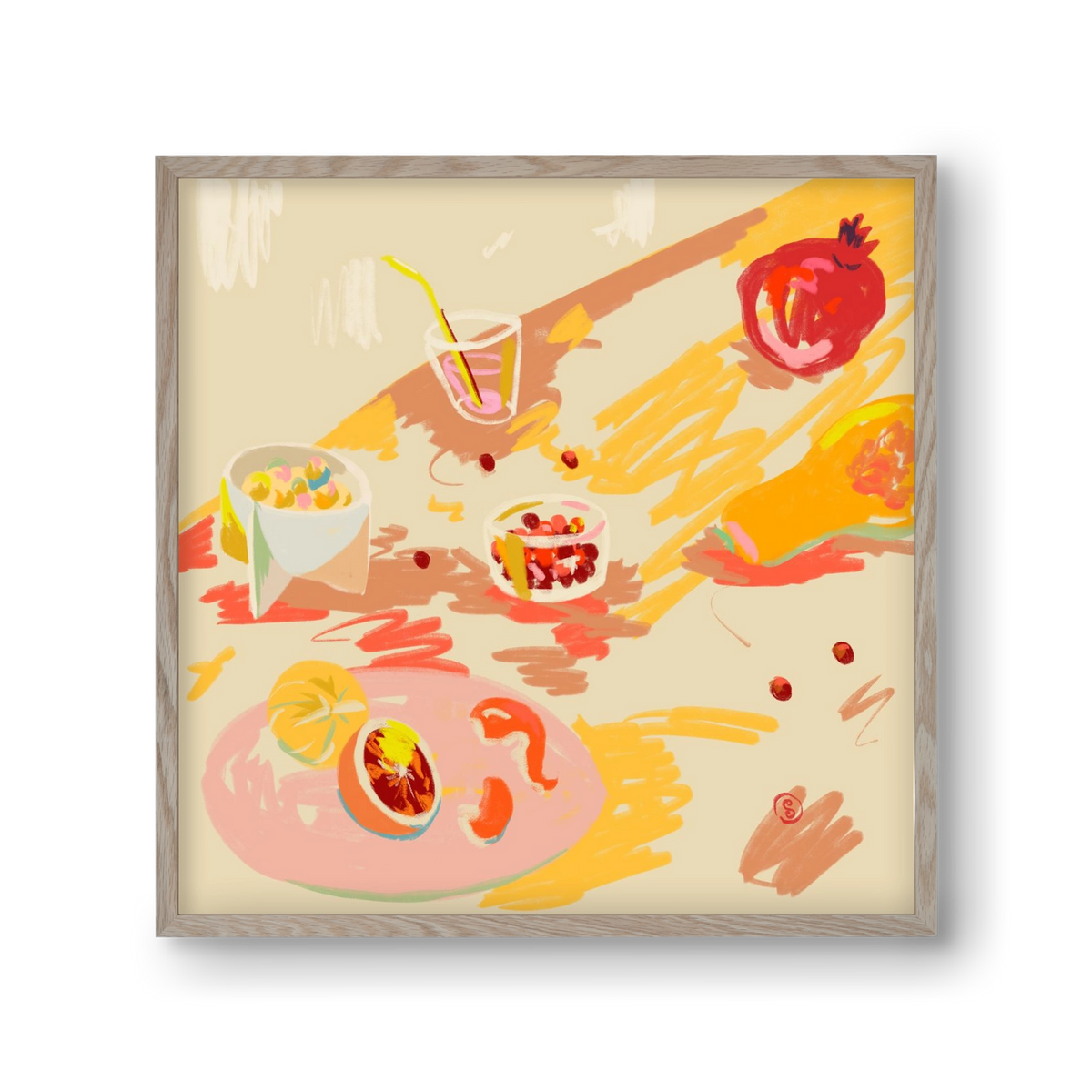 ORANGE AND PINK FRUIT, 30x30 cm (30x30 cm), Tölgy keret