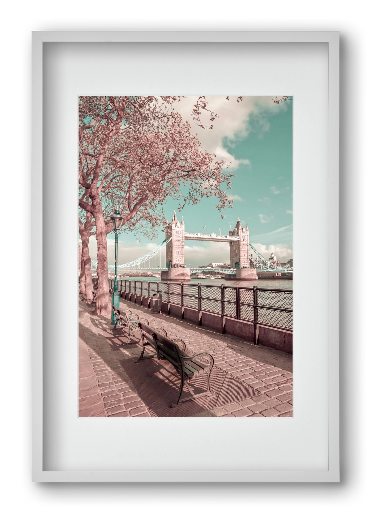 LONDON Thames Riverside & Tower Bridge | urban vintage style, 40x60 cm (30x45 cm), Fehér keret, paszpartuval