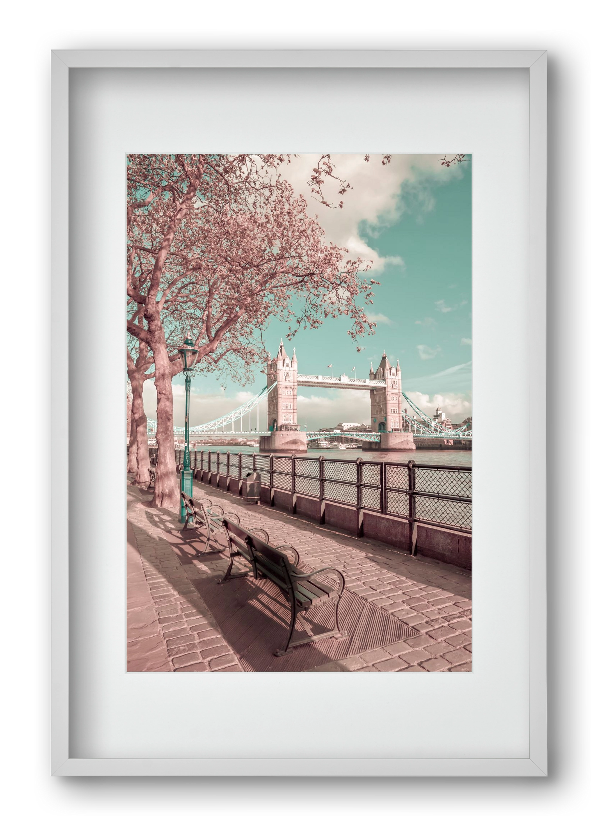 LONDON Thames Riverside & Tower Bridge | urban vintage style, 40x60 cm (30x45 cm), Fehér keret, paszpartuval