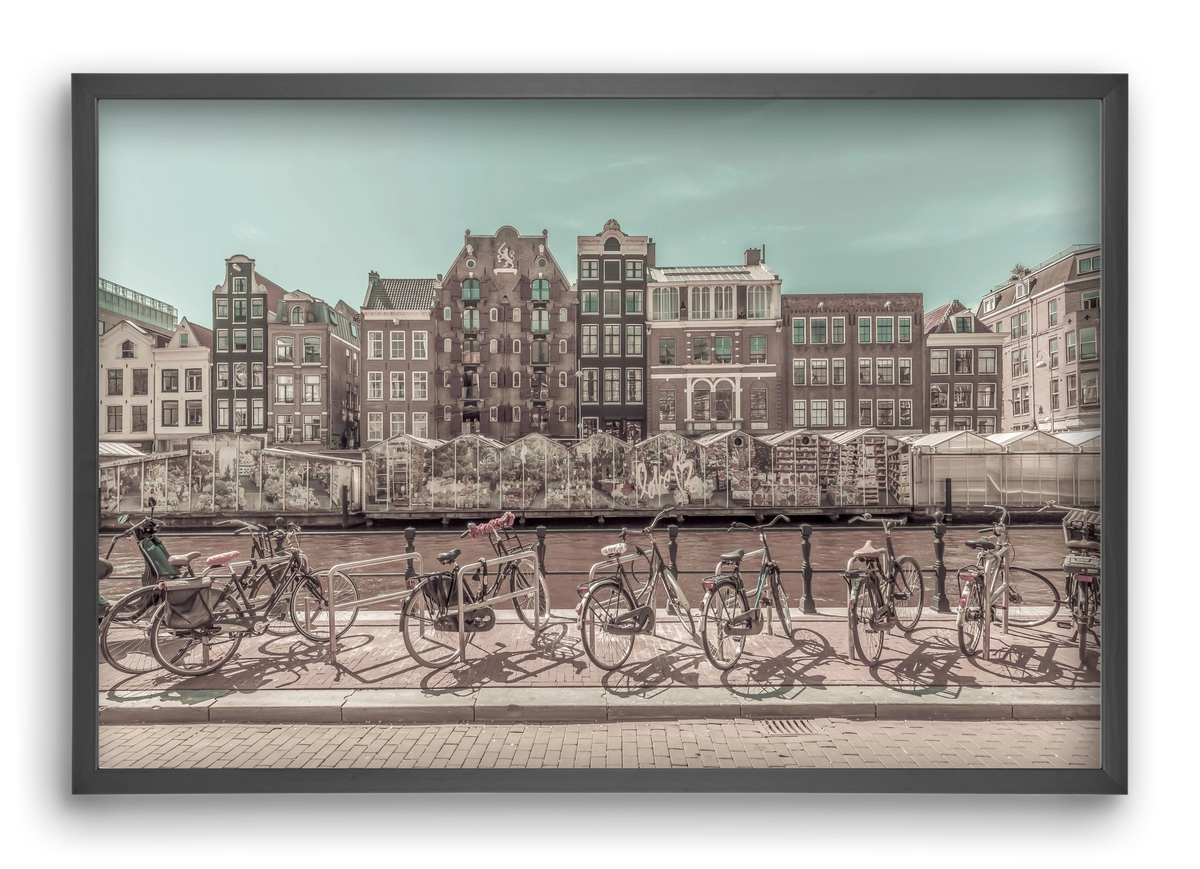 AMSTERDAM Singel Canal with Flower Market | urban vintage style, 60x40 cm (60x40 cm), Fekete keret