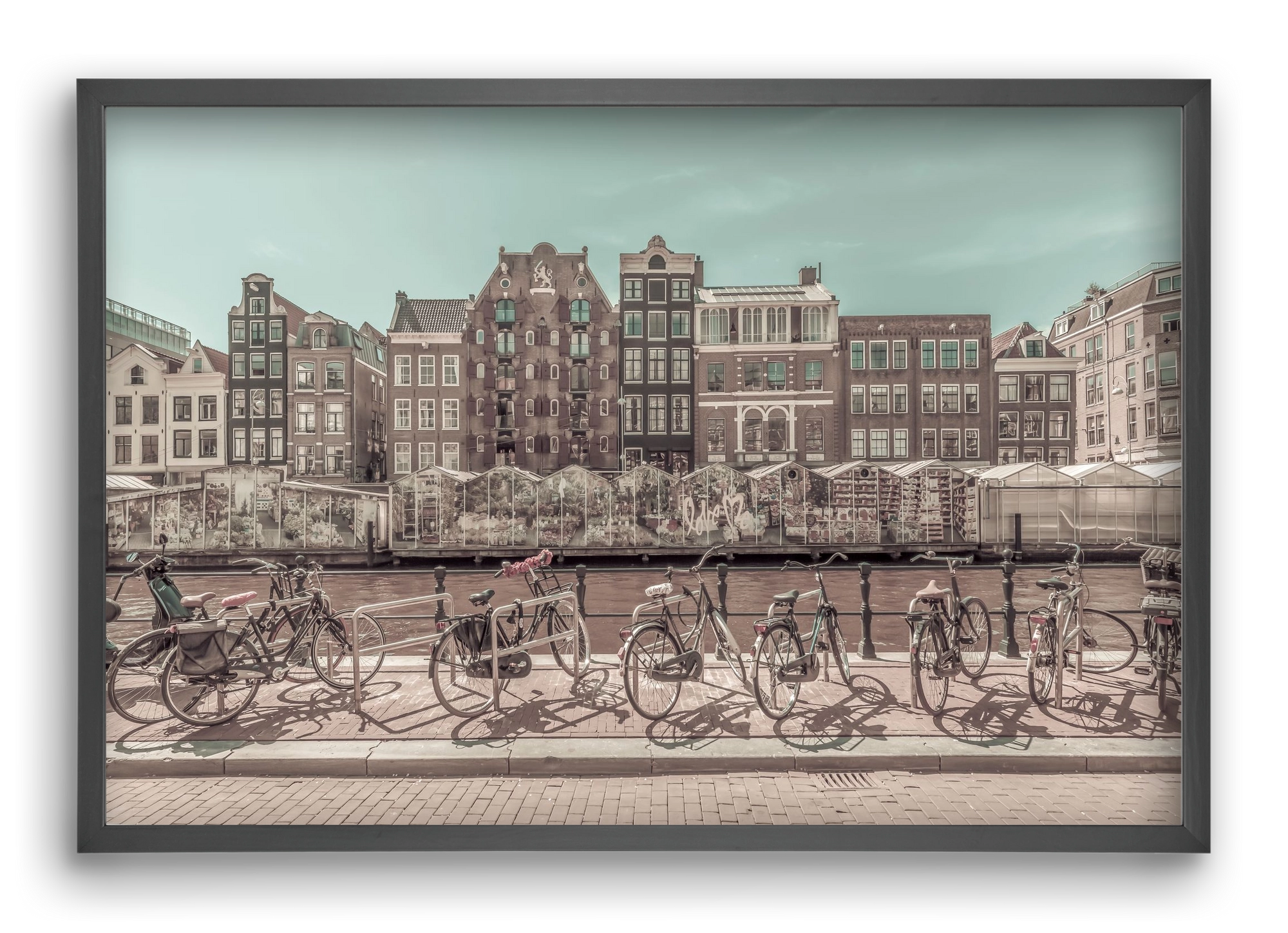 AMSTERDAM Singel Canal with Flower Market | urban vintage style, 60x40 cm (60x40 cm), Fekete keret
