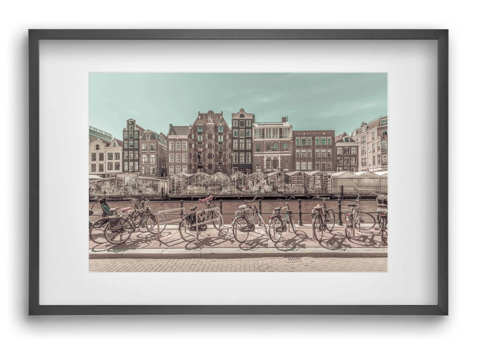 AMSTERDAM Singel Canal with Flower Market | urban vintage style, 60x40 cm (45x30 cm), Fekete keret, paszpartuval
