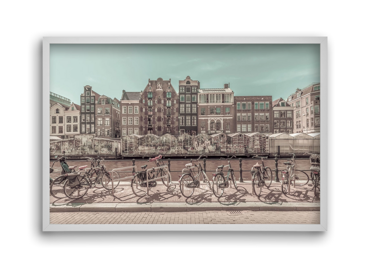 AMSTERDAM Singel Canal with Flower Market | urban vintage style, 45x30 cm (45x30 cm), Fehér keret