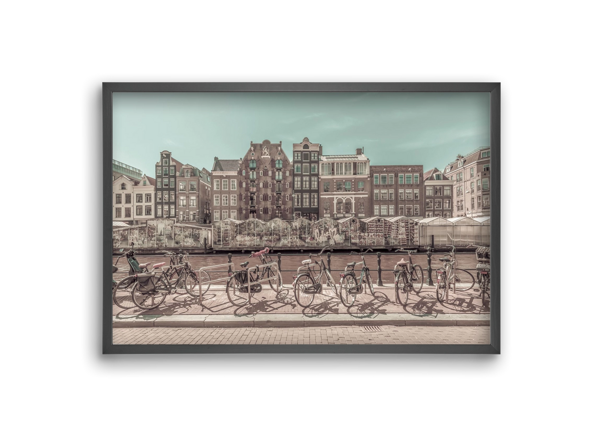 AMSTERDAM Singel Canal with Flower Market | urban vintage style, 30x20 cm (30x20 cm), Fekete keret