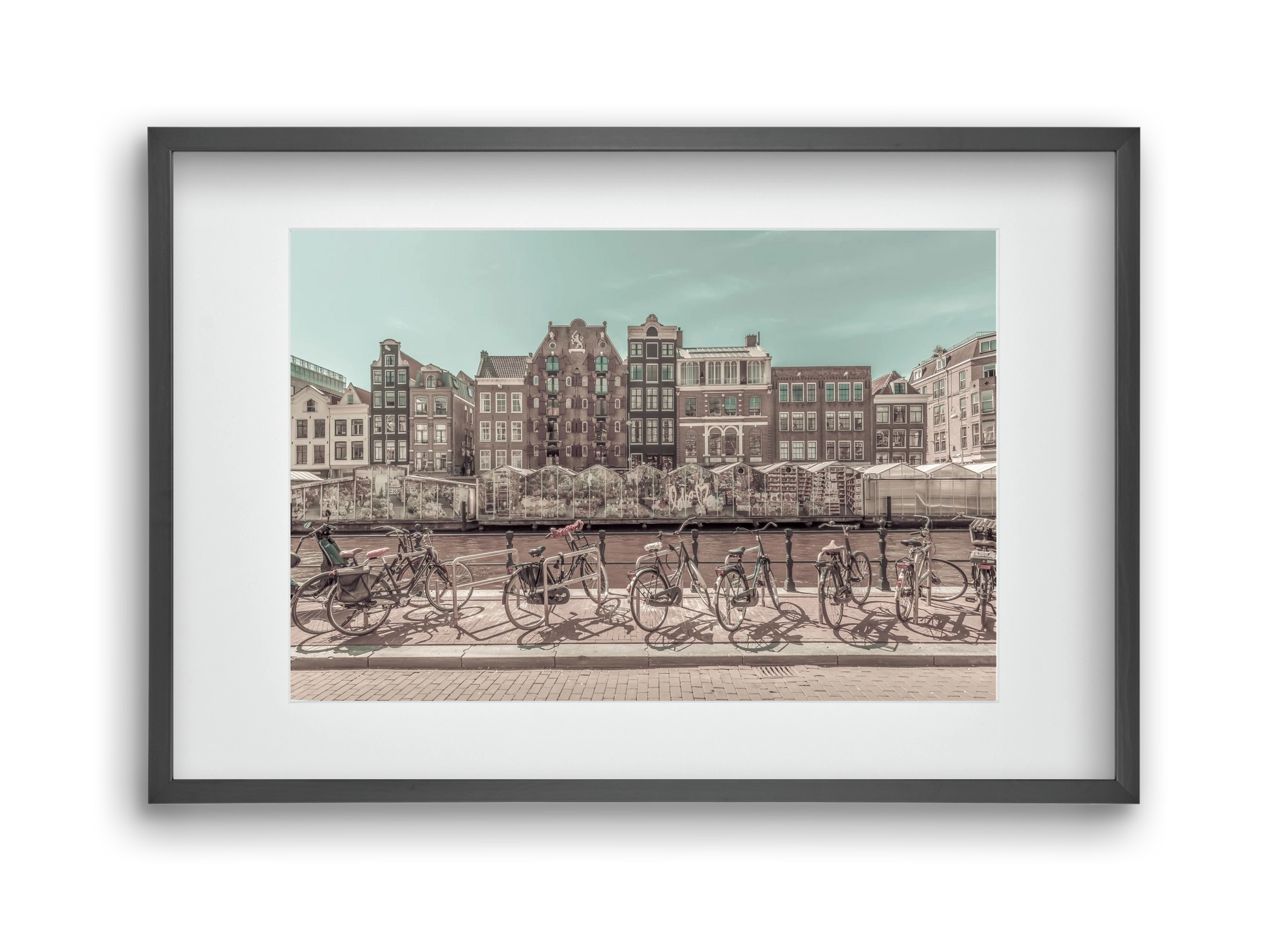 AMSTERDAM Singel Canal with Flower Market | urban vintage style, 45x30 cm (30x20 cm), Fekete keret, paszpartuval