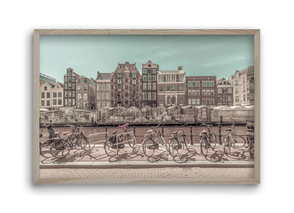 AMSTERDAM Singel Canal with Flower Market | urban vintage style, 45x30 cm (45x30 cm), Tölgy keret