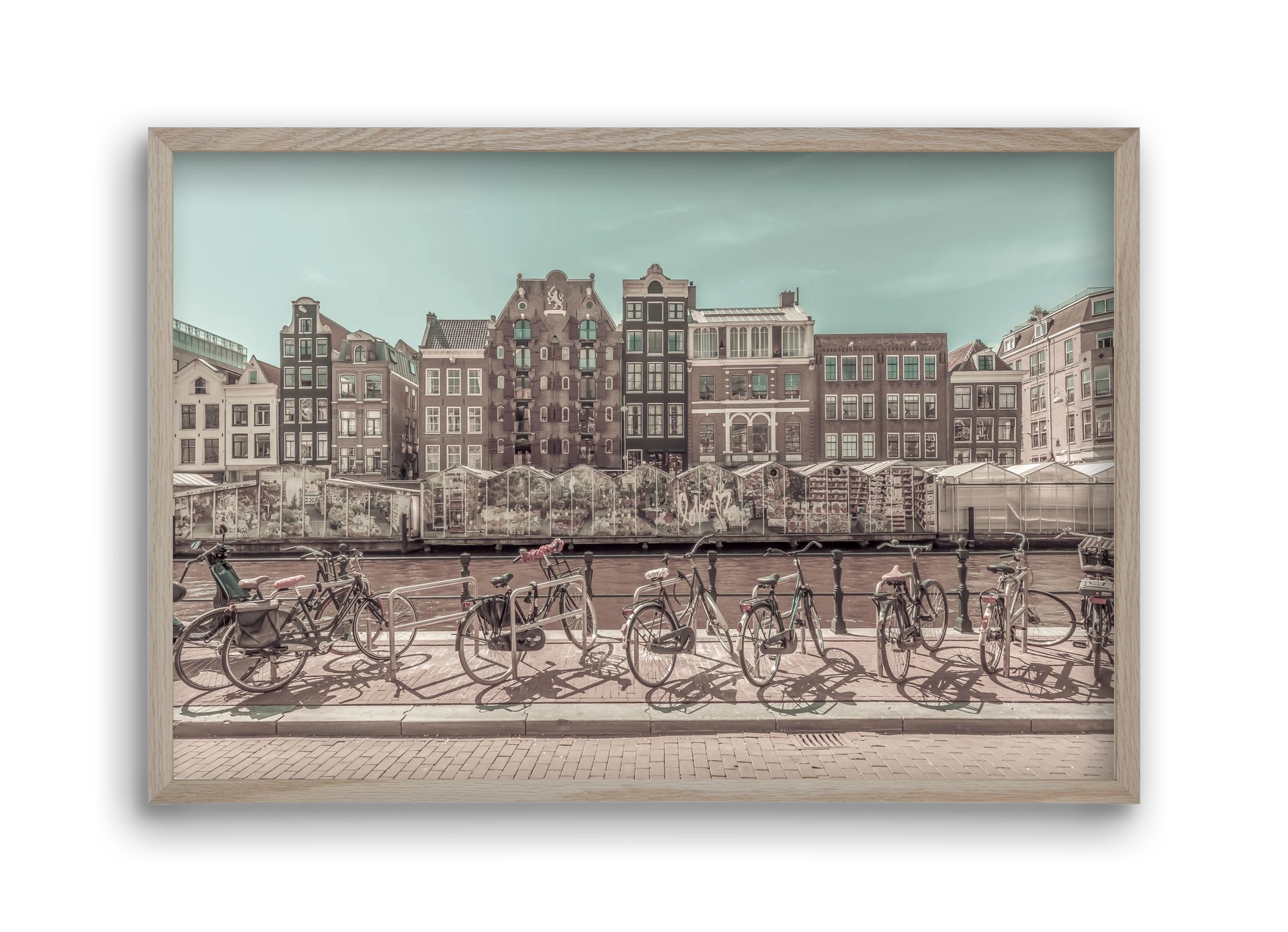 AMSTERDAM Singel Canal with Flower Market | urban vintage style, 45x30 cm (45x30 cm), Tölgy keret
