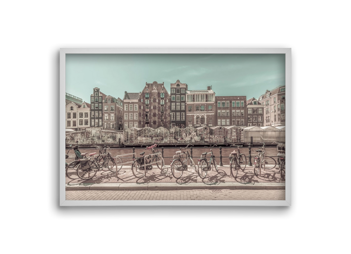 AMSTERDAM Singel Canal with Flower Market | urban vintage style, 30x20 cm (30x20 cm), Fehér keret