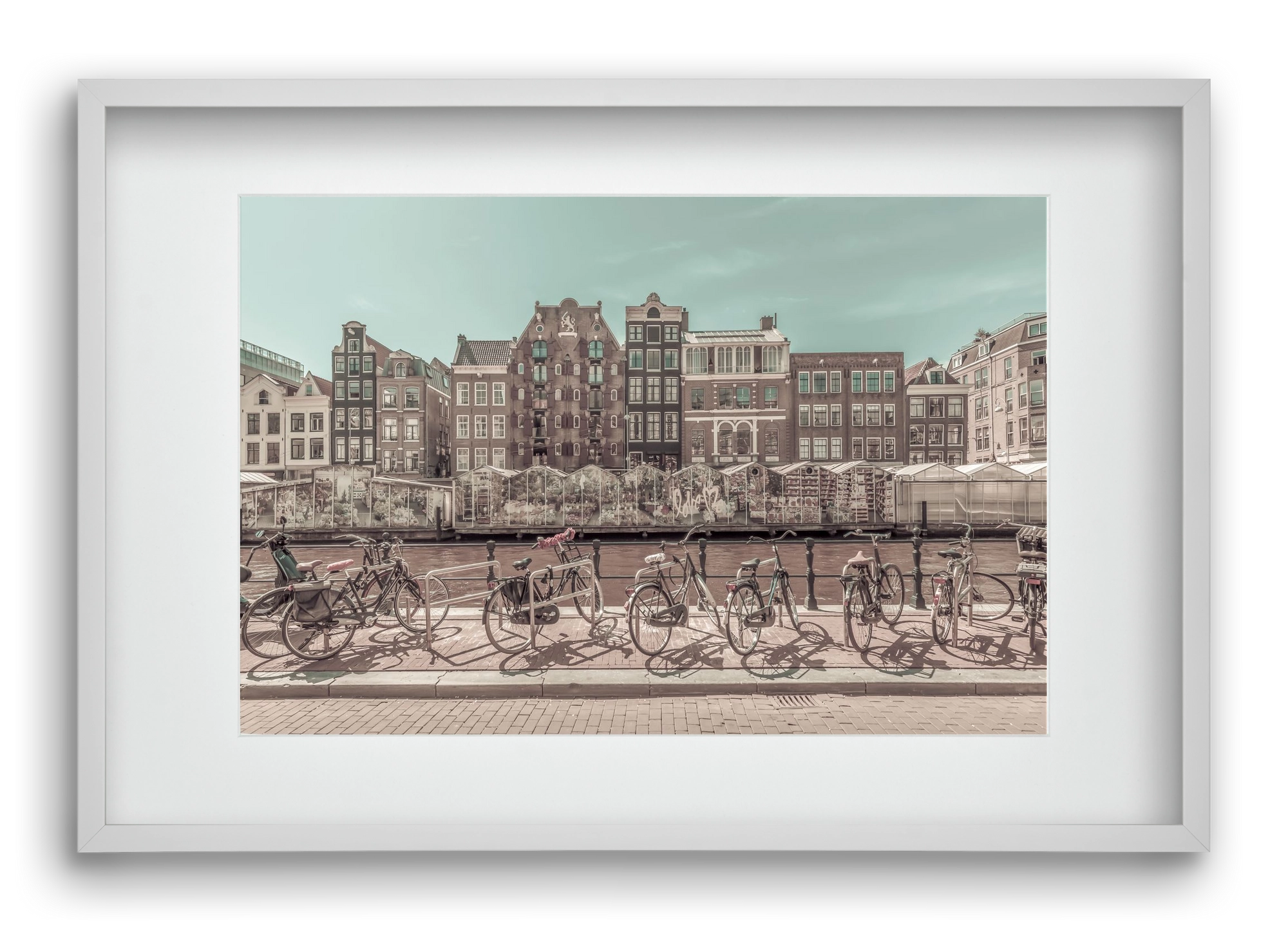 AMSTERDAM Singel Canal with Flower Market | urban vintage style, 60x40 cm (45x30 cm), Fehér keret, paszpartuval