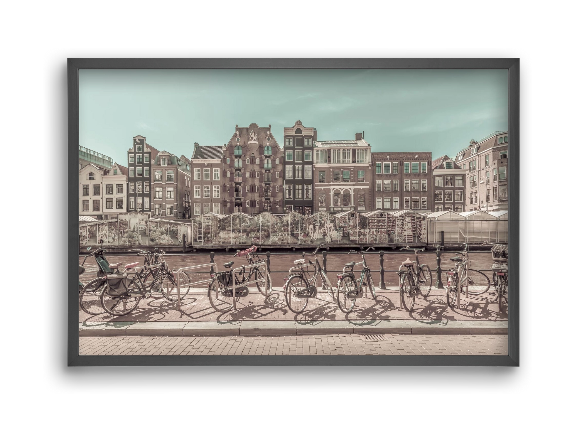 AMSTERDAM Singel Canal with Flower Market | urban vintage style, 45x30 cm (45x30 cm), Fekete keret