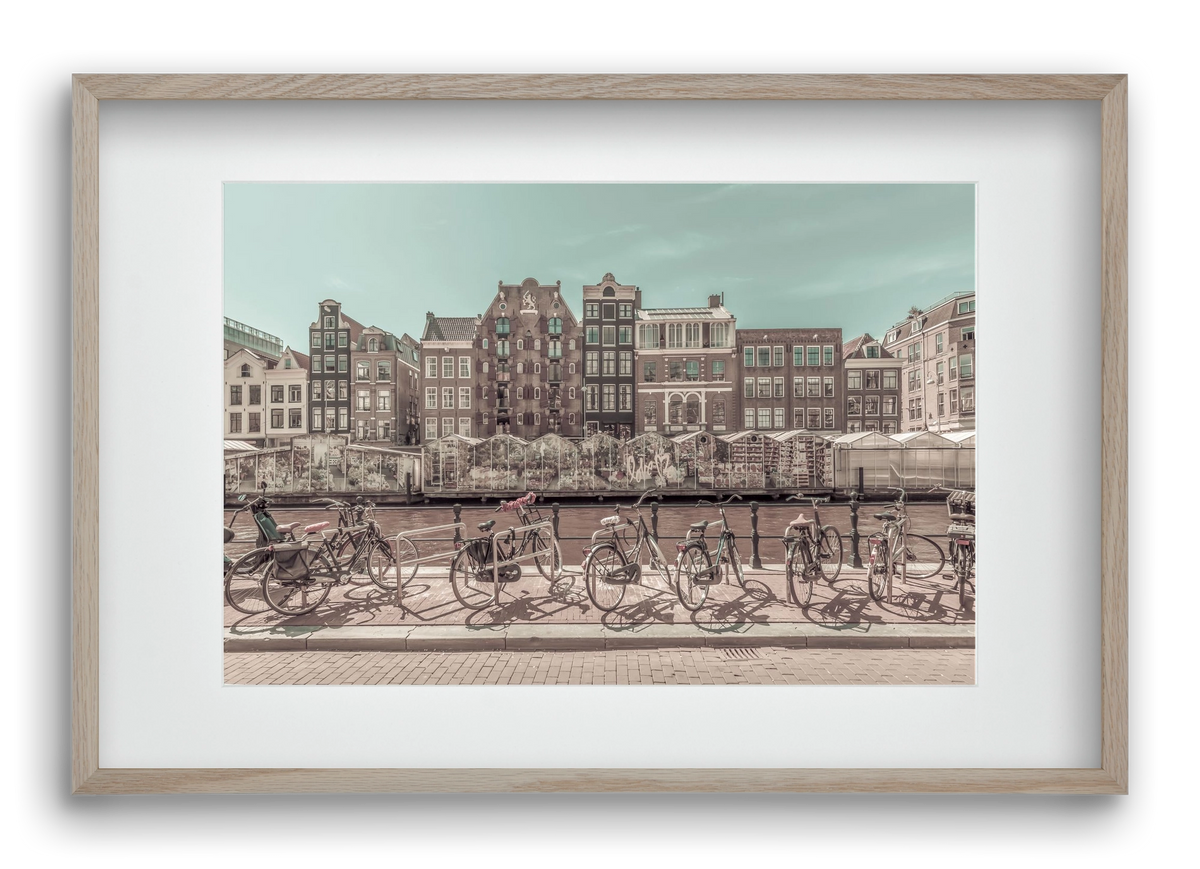 AMSTERDAM Singel Canal with Flower Market | urban vintage style, 60x40 cm (45x30 cm), Tölgy keret, paszpartuval