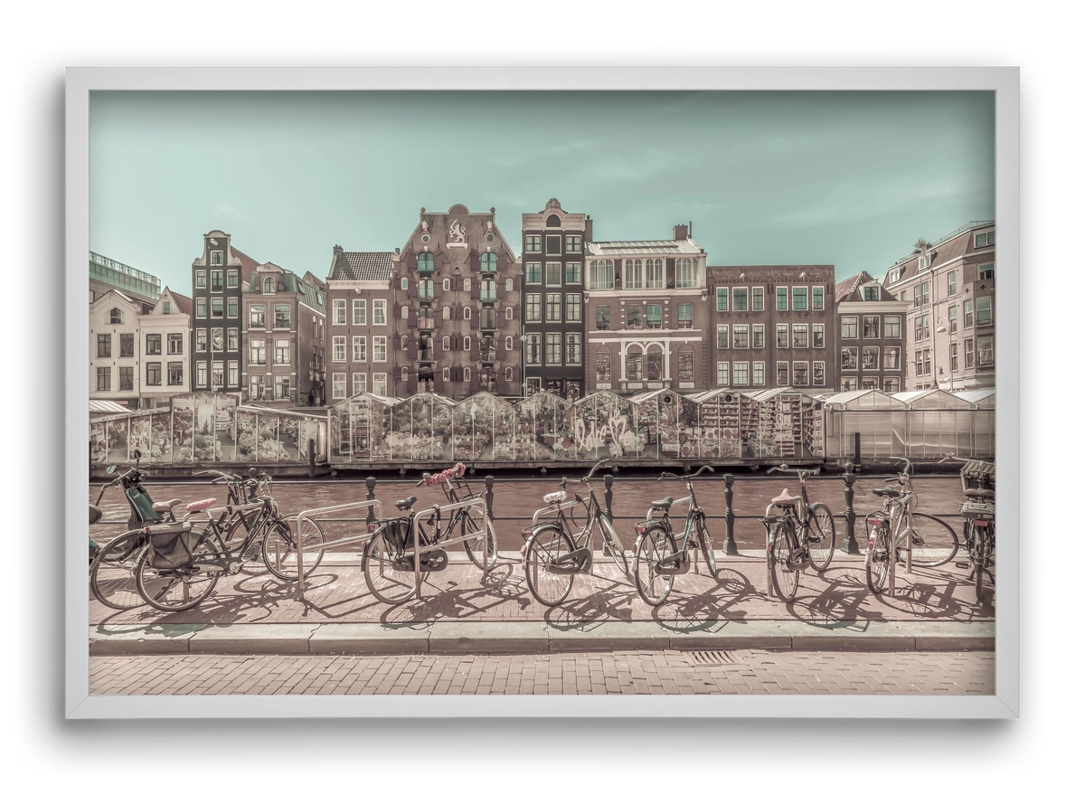 AMSTERDAM Singel Canal with Flower Market | urban vintage style, 60x40 cm (60x40 cm), Fehér keret