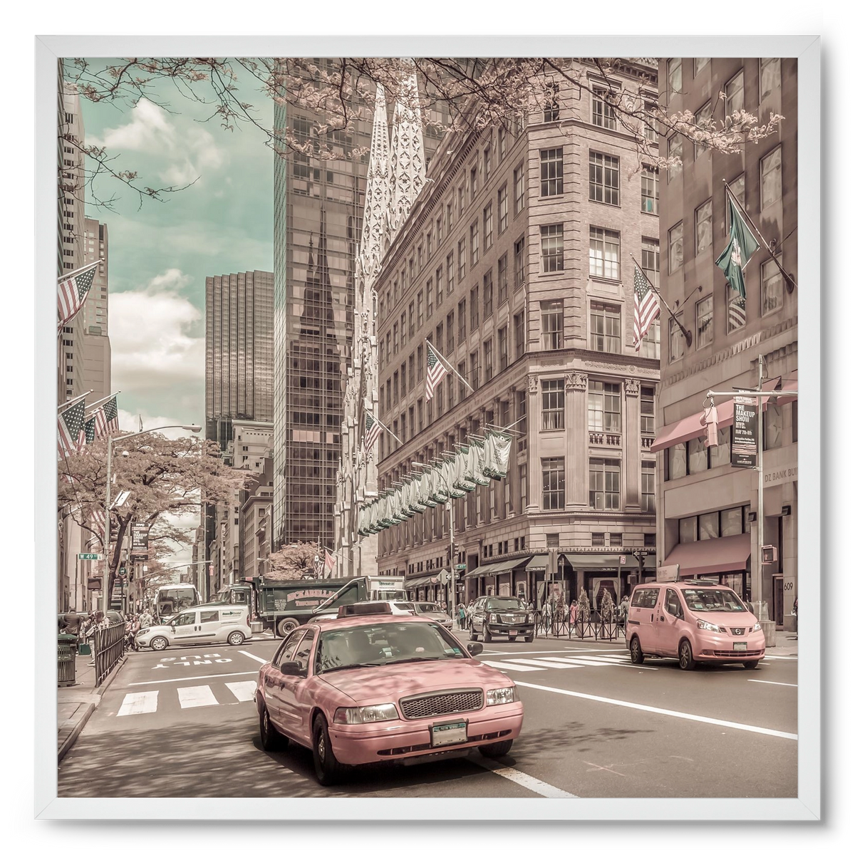 MANHATTAN 5th Avenue | urban vintage style, 50x50 cm (50x50 cm), Fehér keret